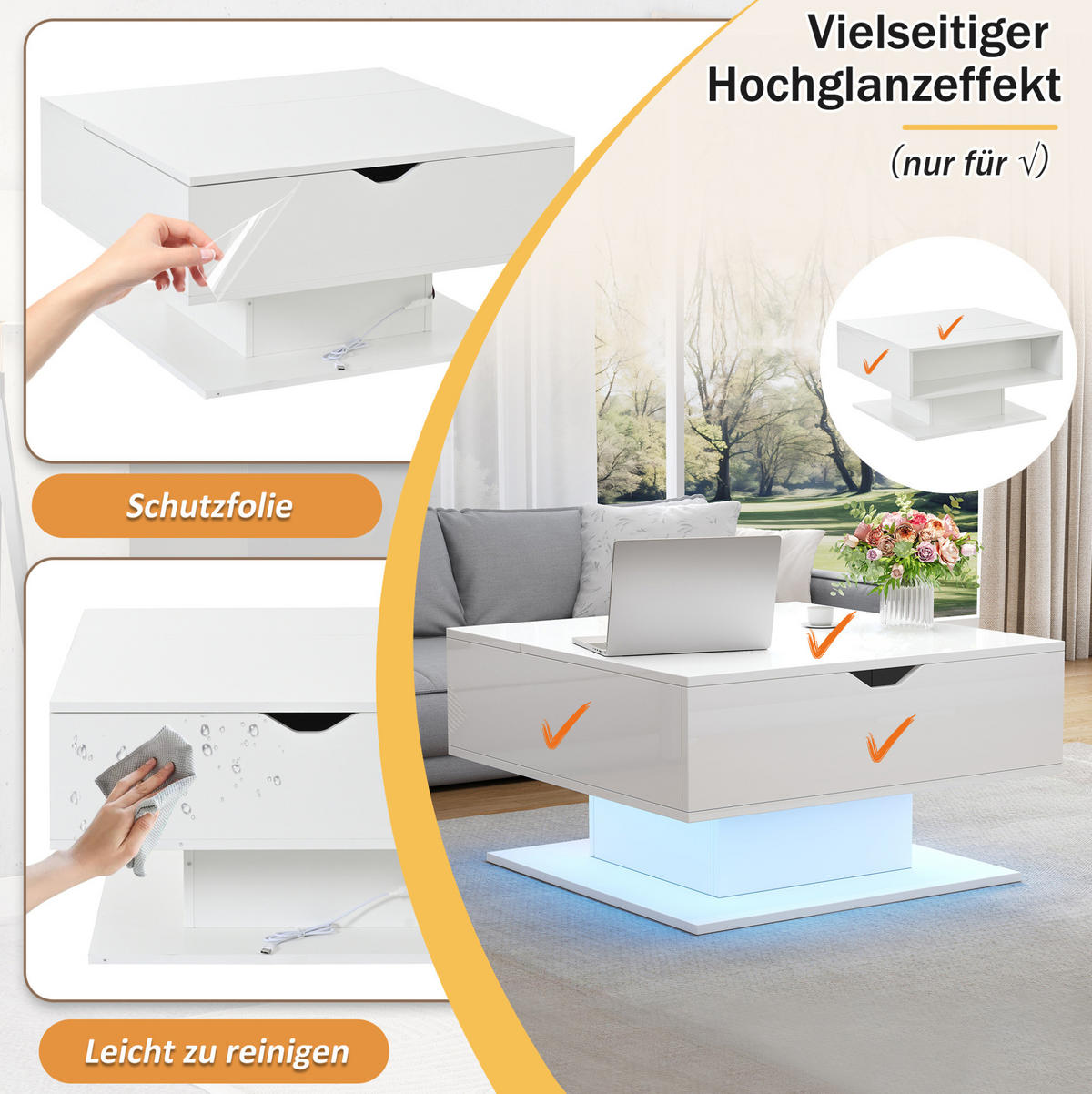 COUCHTISCH 80/75/40 cm Weiß aus Spanplatte mit Liftfunktion, LED-Lichtstreifen und Stauraum - Weiß, Holzwerkstoff (80/75/40cm) - OKMYHOME