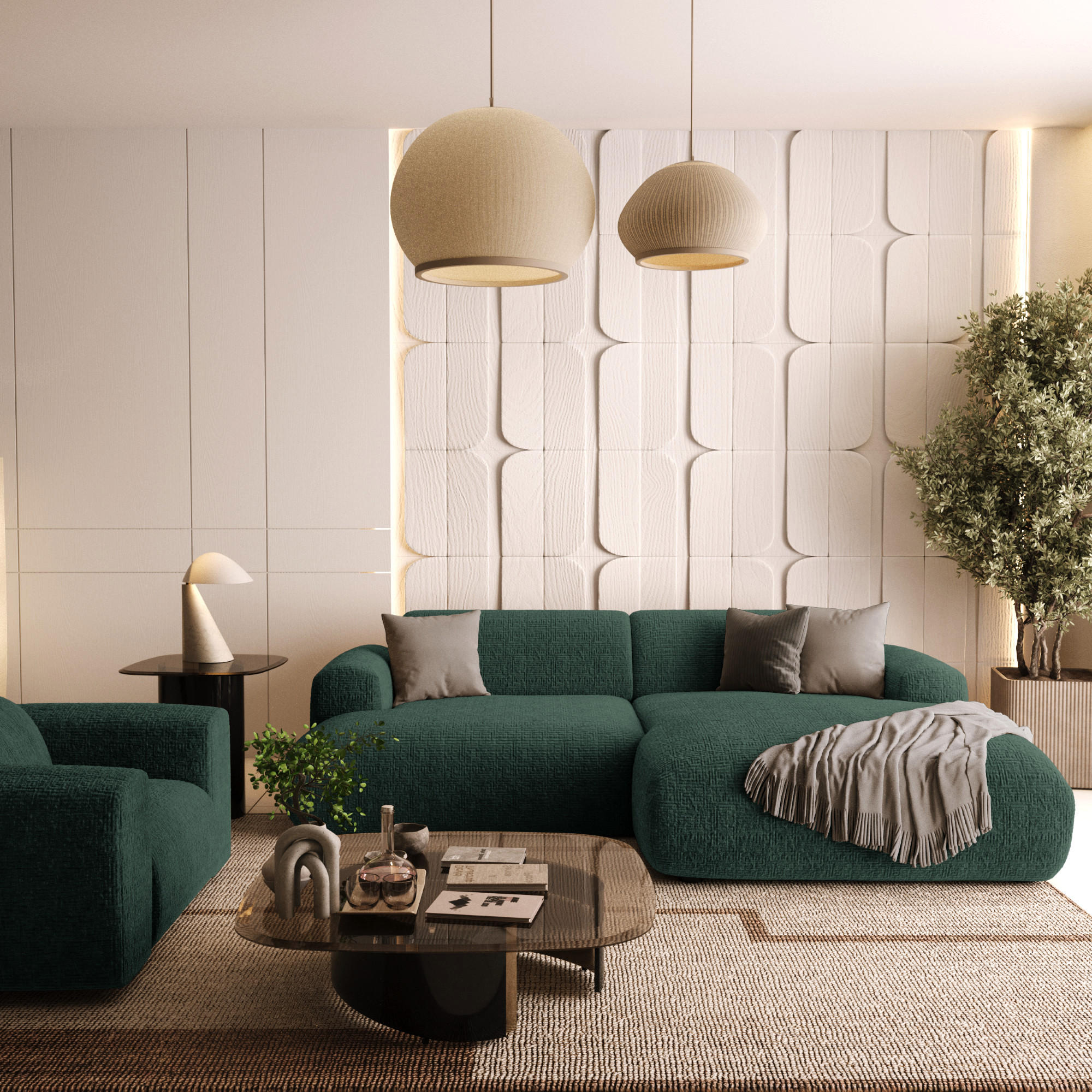 ECKSOFA RECHTS Gemusterter Samt Smaragdgrün 266cm - Smaragdgrün, Textil (266/165cm) - Sia Home