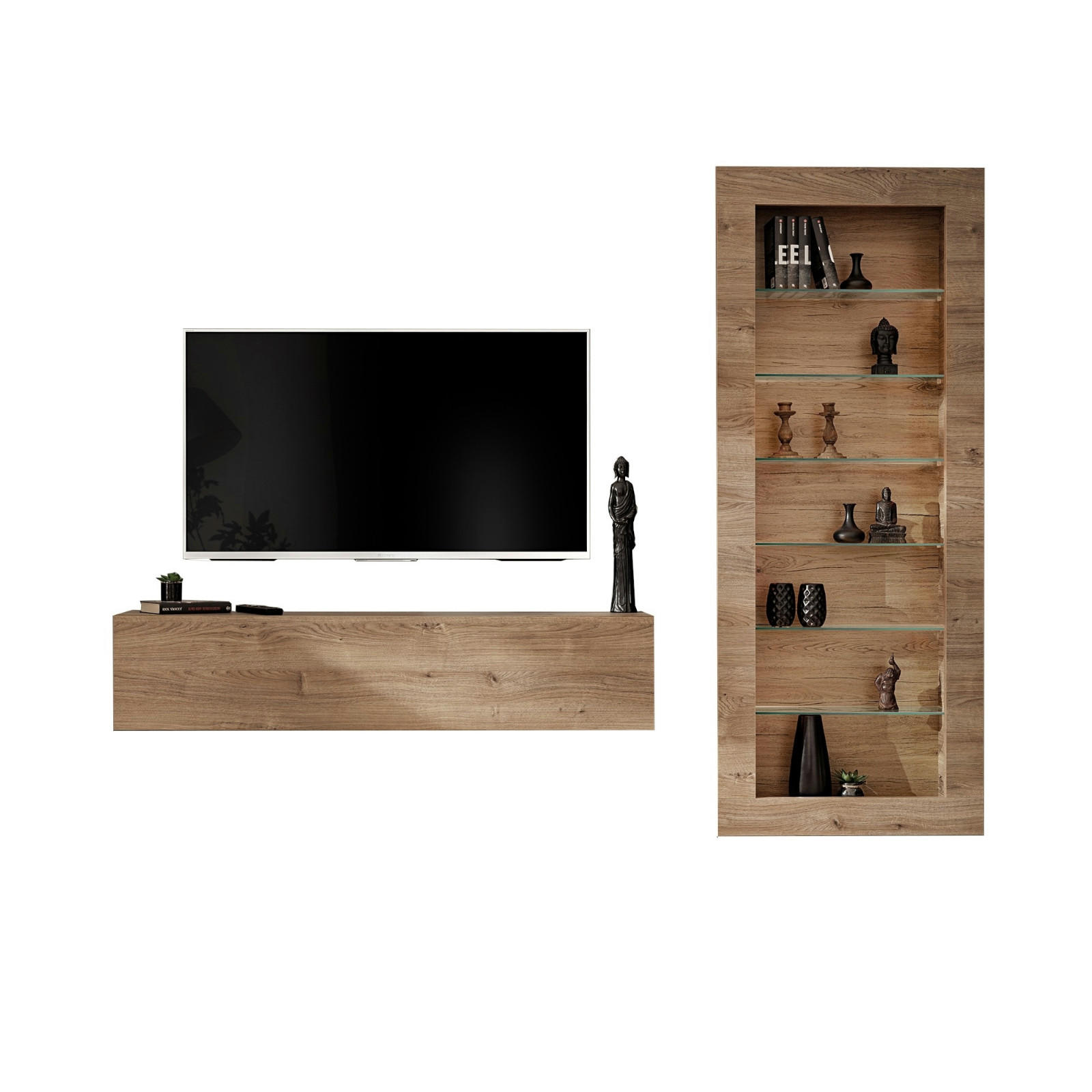 WOHNWAND COMO, hängevitrine und hängeboard, sechs Glasböden, Honigeiche/Trüffeleichefarben - Honigeiche/Trüffeleichefarben, Glas/Holzwerkstoff (211/178/23cm) - Komodee