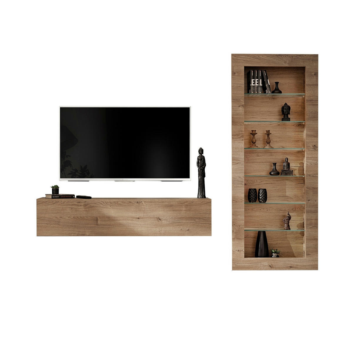 WOHNWAND COMO, hängevitrine und hängeboard, sechs Glasböden, Honigeiche/Trüffeleichefarben - Honigeiche/Trüffeleichefarben, Glas/Holzwerkstoff (211/178/23cm) - Komodee