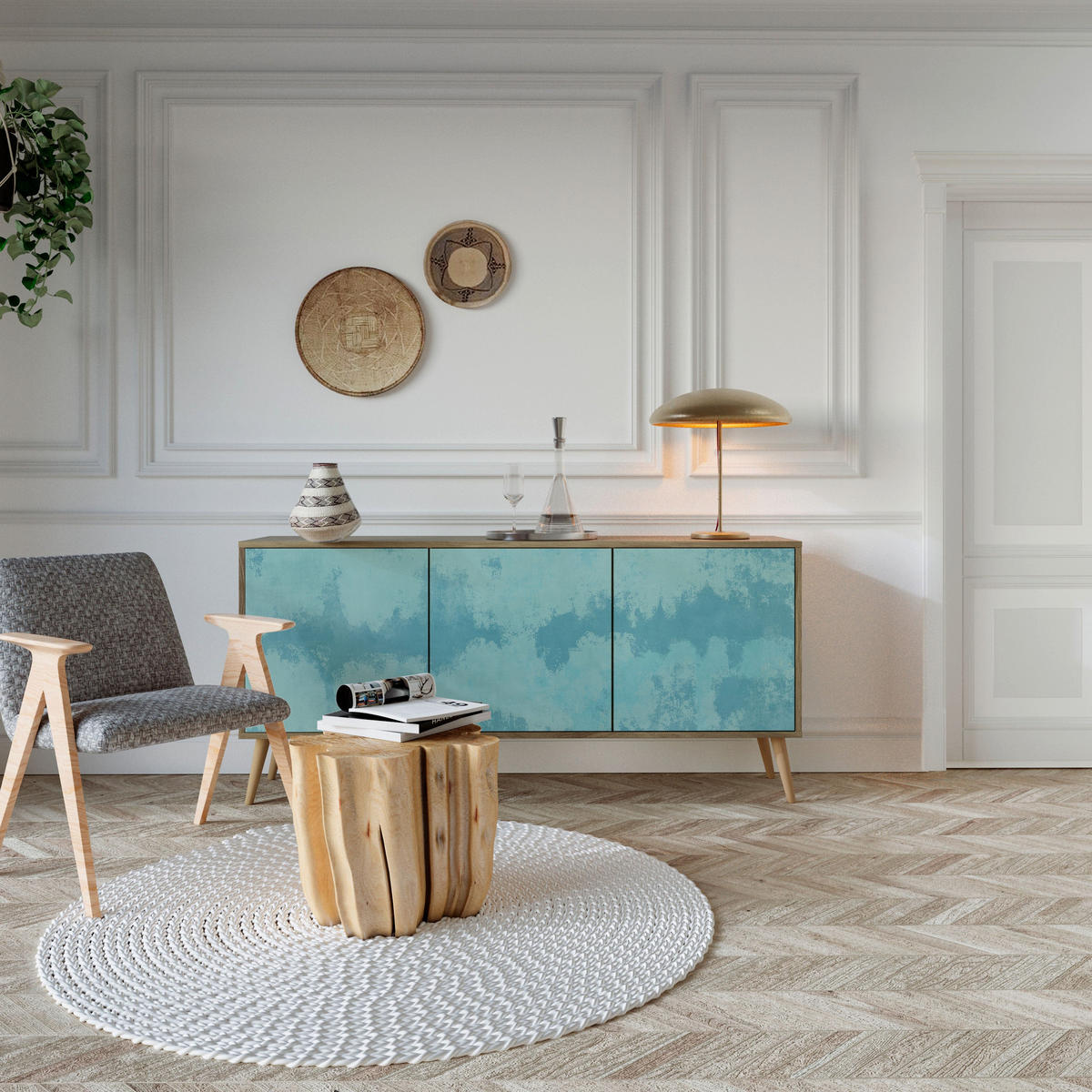 SIDEBOARD SKY WASH, Eicheneffekt, 164,5x42x77,5 cm, 3 Türen - Eichefarben/Buchefarben, Holzwerkstoff/Buchenholz (164.5/77.5/42cm) - SpaceRebels