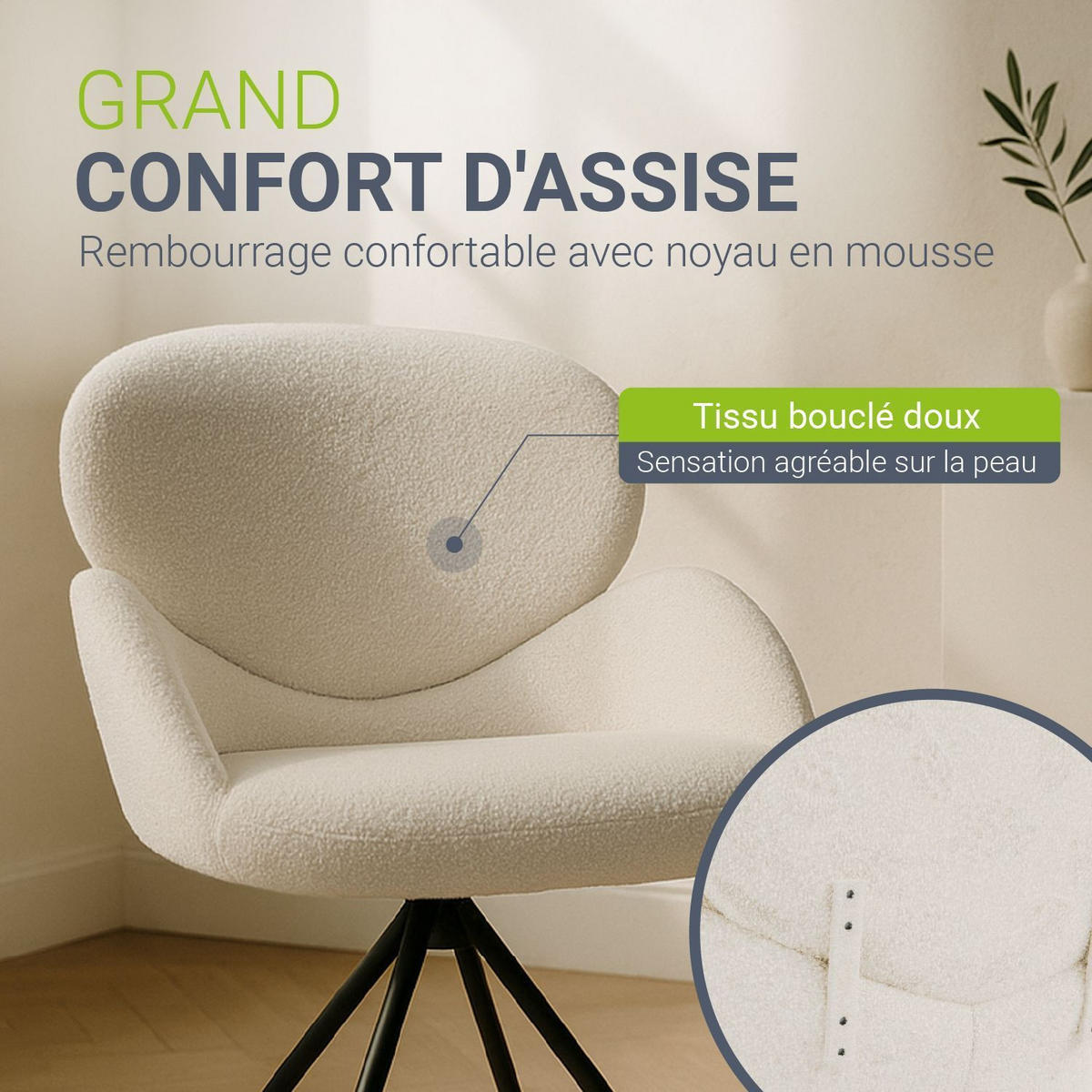 DREHSTUHL Albano Bouclé Creme (2er-Set) - Creme, Textil (59/90/65cm) - Juskys