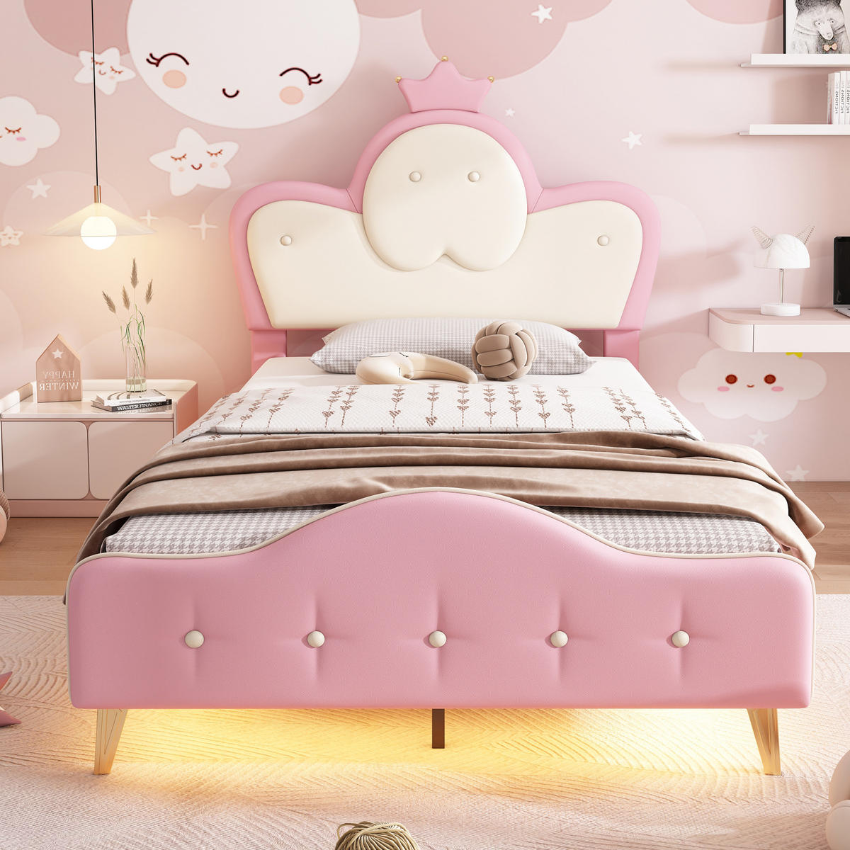 KINDERBETT Polsterbett 90/200 cm aus PU mit LED-Lichtleiste und Kronenkopfteil Rosa/Weiß - Weiß, Kunststoff (90/200cm) - Modenvie