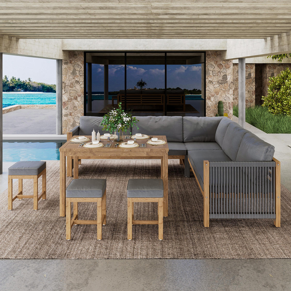 LOUNGESET 7-8 Personen Grau+Natur Mit Sofa Hocker Tisch - Naturfarben, Textil - FLIEKS