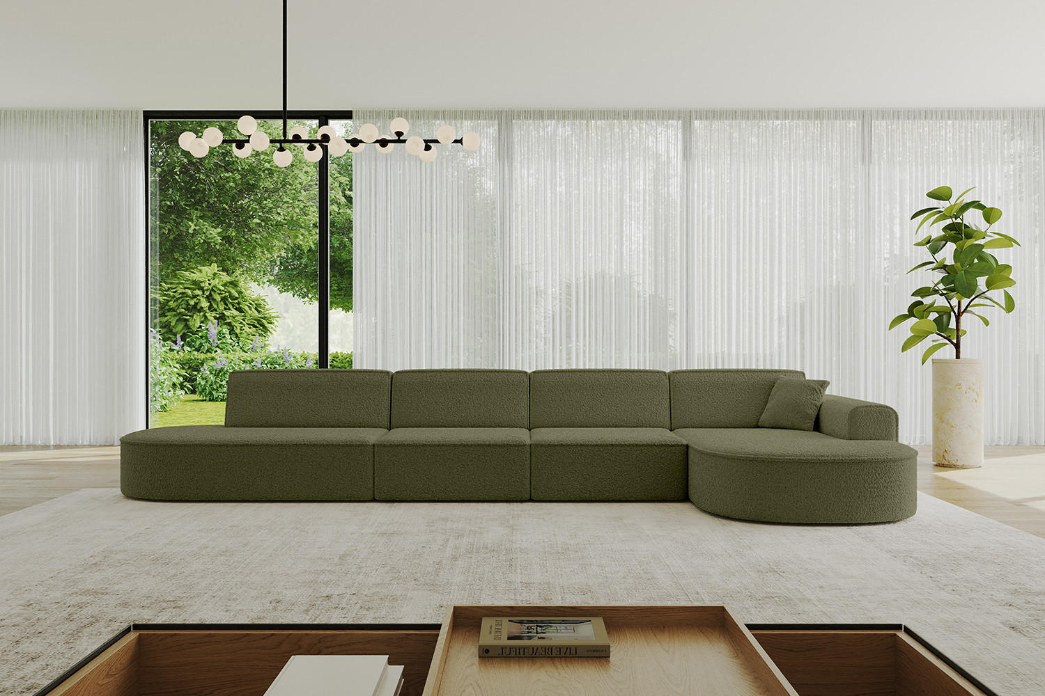 ECKSOFA Ottomane Rechts MARI-L3 - 402x163x73,5 cm Grün Bouclé - Schwarz/Grün, Holzwerkstoff/Kunststoff (402/163cm) - ALTDECOR