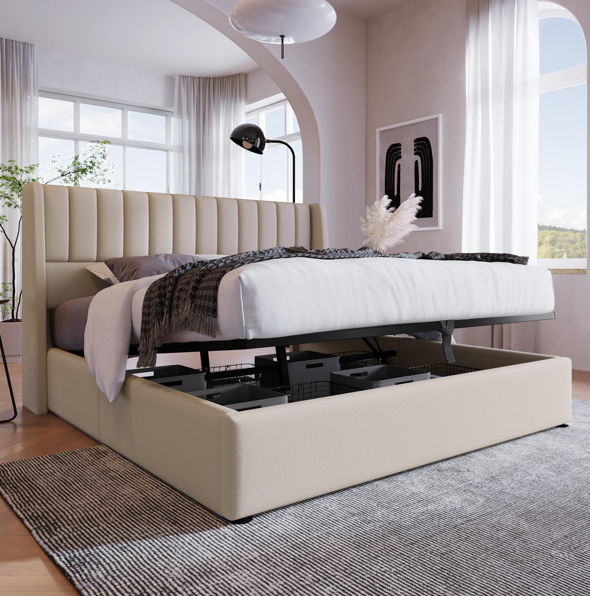 BETT mit Bettkasten 140x200 cm Leinen Beige - Beige, Metall (140/200cm) - Meubliv