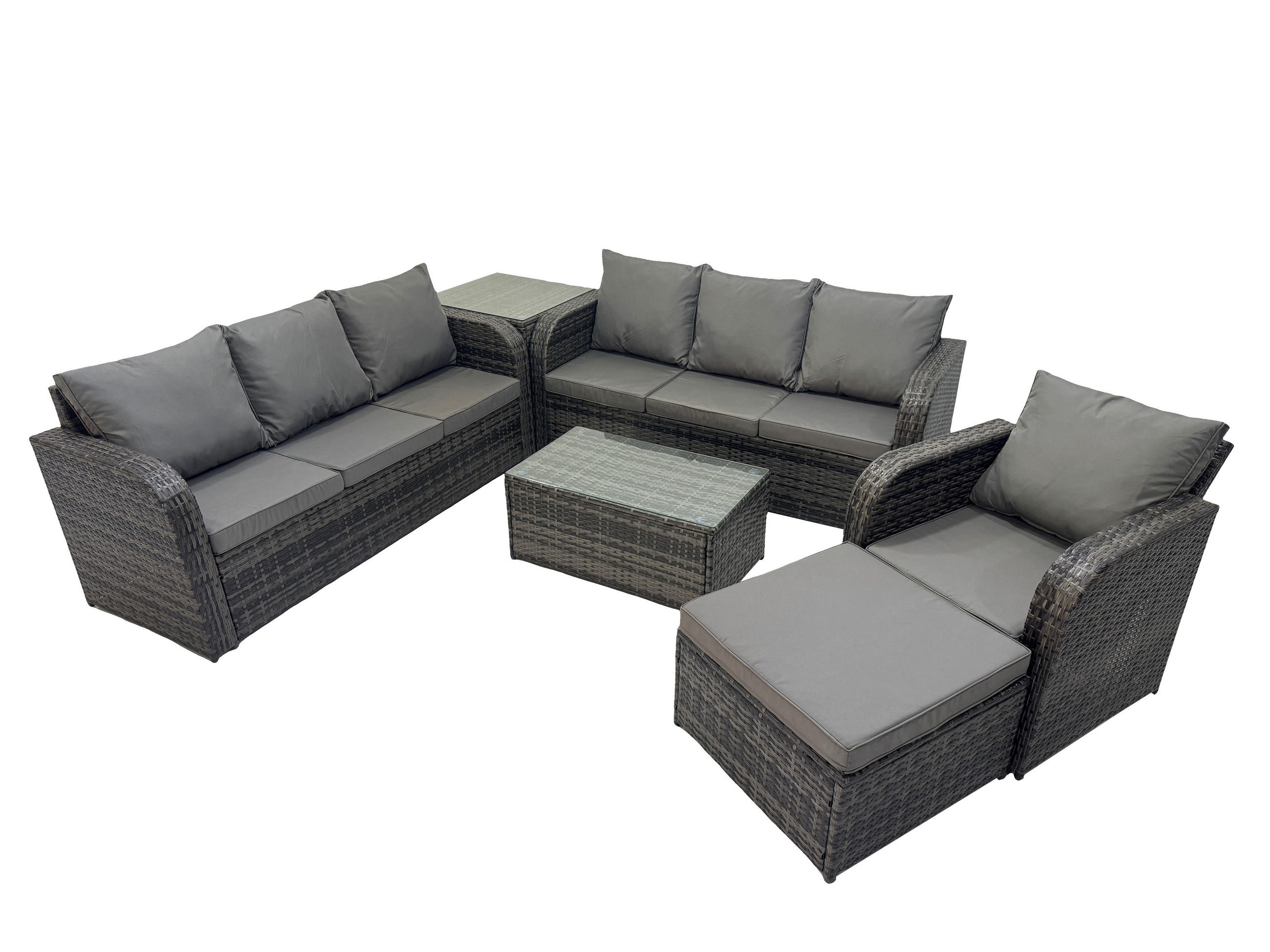 GARTENMÖBEL-SET mit Kissen Polyrattan Dunkelgrau 8-Sitzer - Dunkelgrau/Grau, Glas/Kunststoff - Fimous