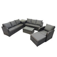 GARTENMÖBEL-SET mit Kissen Polyrattan Dunkelgrau 8-Sitzer - Dunkelgrau/Grau, Glas/Kunststoff - Fimous