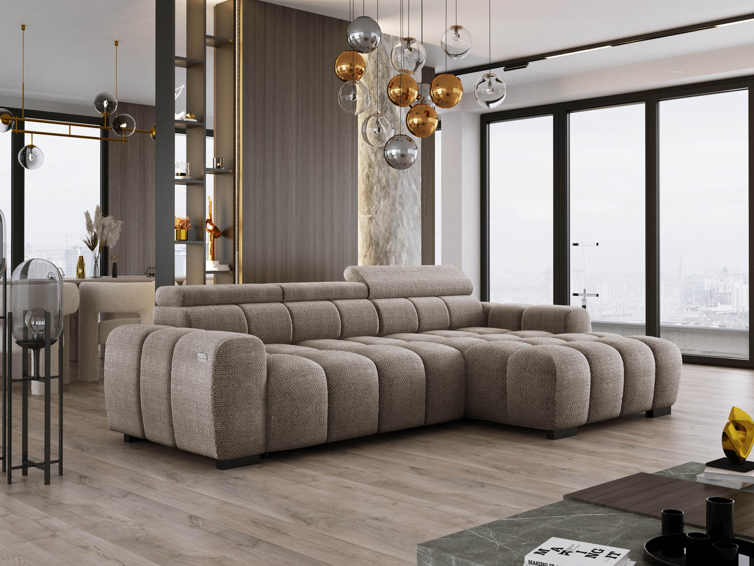 ECKSOFA OMBO 285x168x77/97 cm, Rechts, Schlaffunktion, elektr. Sitz, Kopfstützen, hydrophober EDEN-Stoff – Cappuccino - Cappuccino, Holz/Textil (285/168cm) - DomoHome
