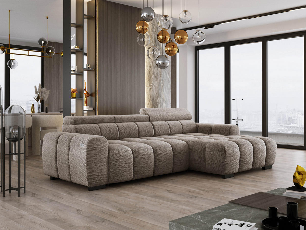 ECKSOFA OMBO 285x168x77/97 cm, Rechts, Schlaffunktion, elektr. Sitz, Kopfstützen, hydrophober EDEN-Stoff – Cappuccino - Cappuccino, Holz/Textil (285/168cm) - DomoHome