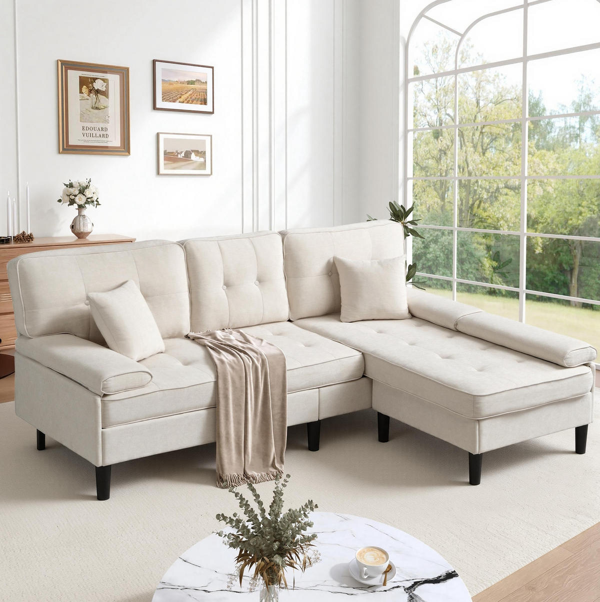 ECKSOFA 195/149/86 cm hellbeige aus Chenille mit Fußbank - Beige, Textil (149/195cm) - OKWISH