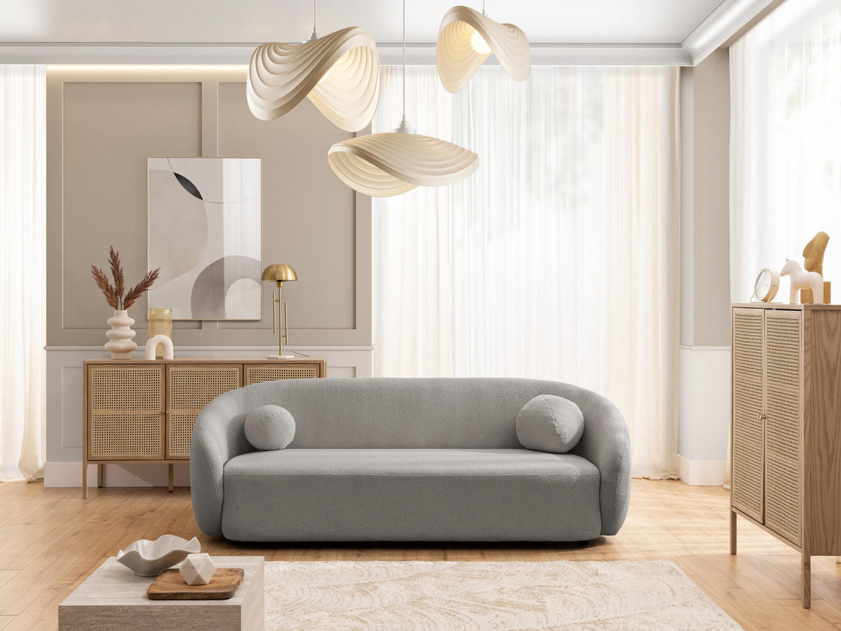 3-SITZER-SOFA Roundi Grau Bouclé - Schwarz/Grau, Holz/Kunststoff (208/76/80cm) - S-Style Möbel