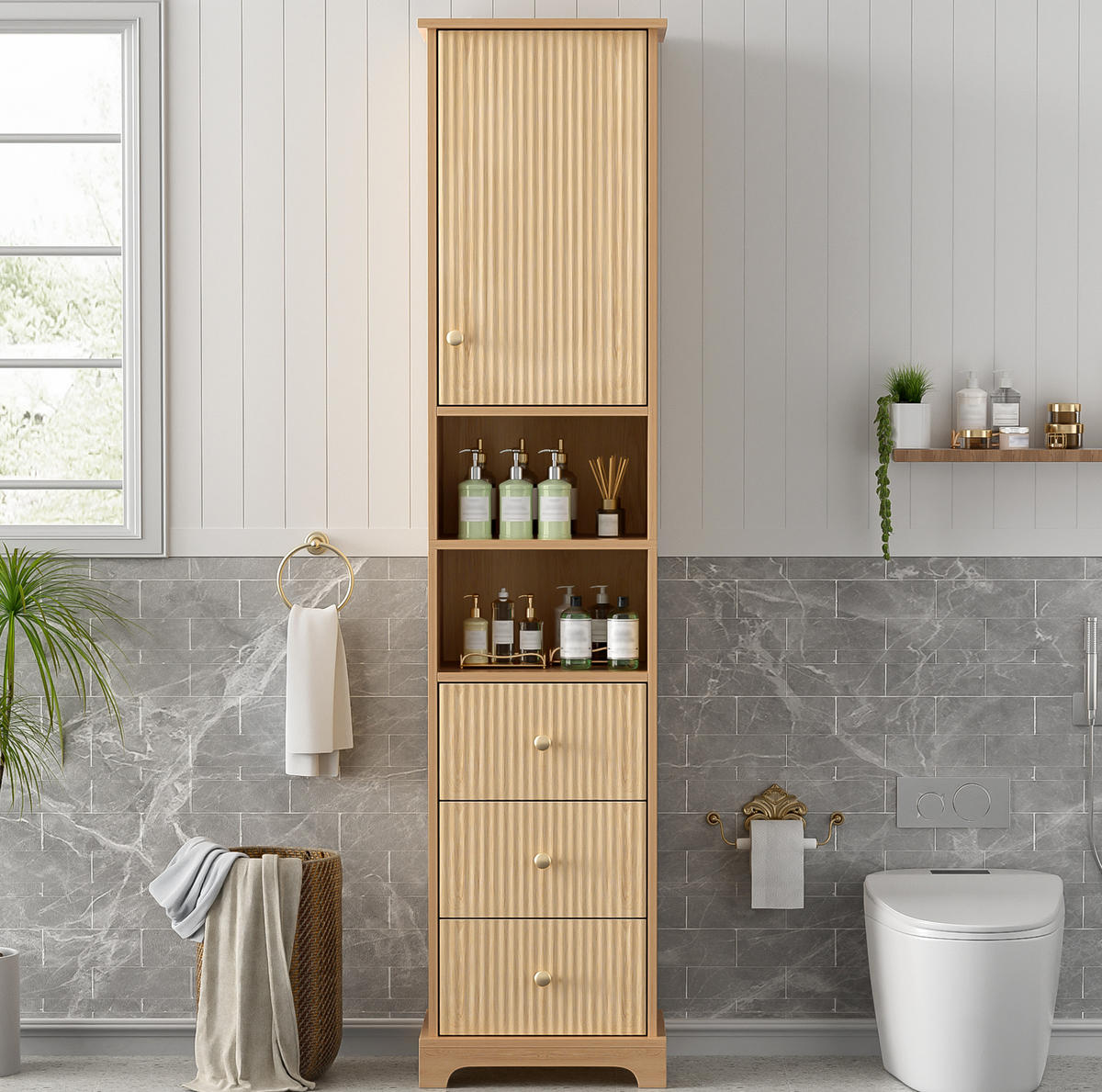 BADEZIMMER-HOCHSCHRANK 40x30x172 cm Natur aus Holzwerkstoff mit Schubladen & Soft-Close - Naturfarben, Holzwerkstoff (40/172/30cm) - Modfu