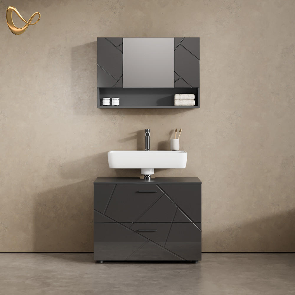 BADMÖBEL-SET Ronco Anthrazit Hochglanz 2 Teile, Unterschrank 80 cm - Schwarz Hochglanz/Anthrazit, Holzwerkstoff (41/80/58cm) - Livinity®