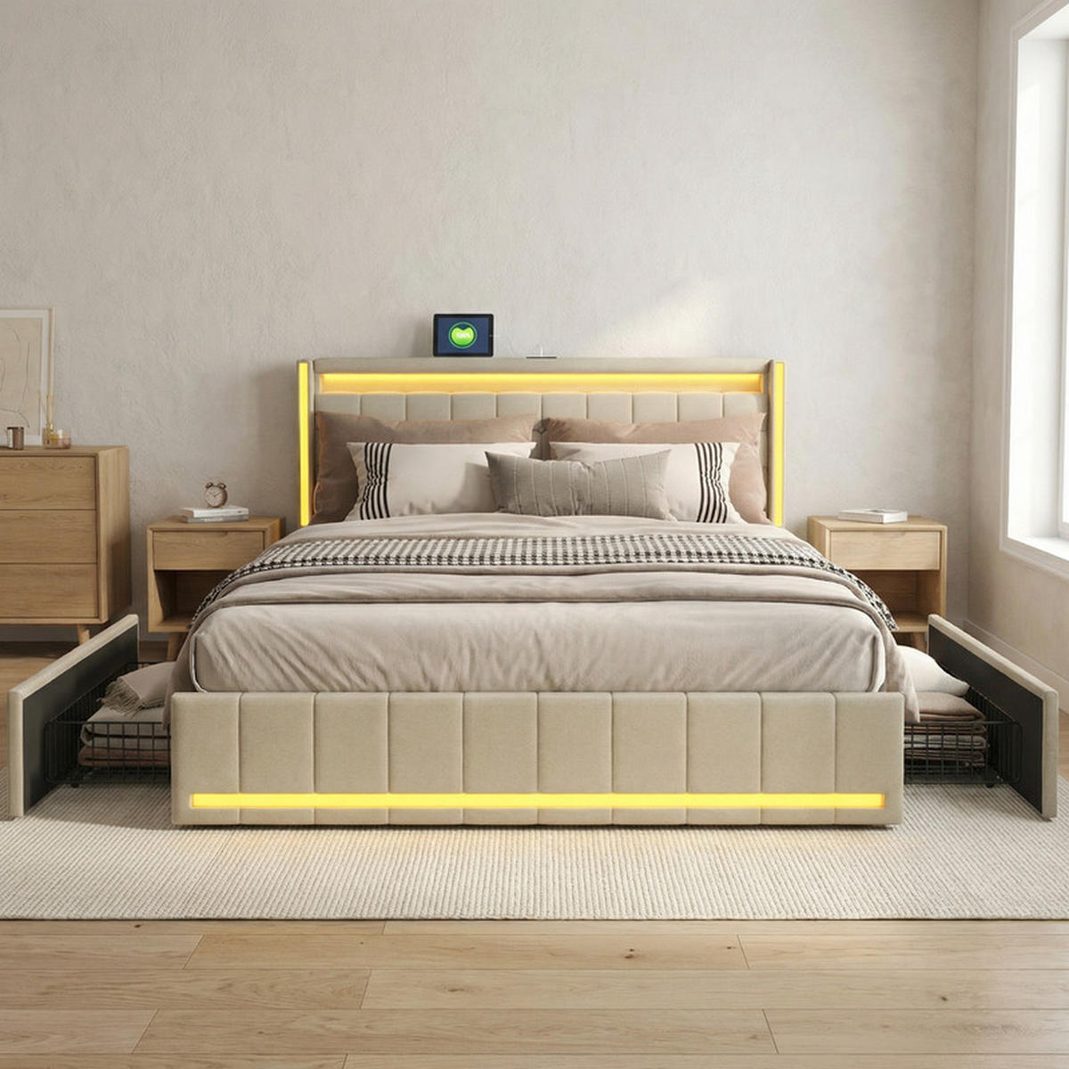 ČALÚNENÁ posteľ 140/190 cm béžová so zásuvkami, LED a USB - béžová, drevo - SHOPENTRA