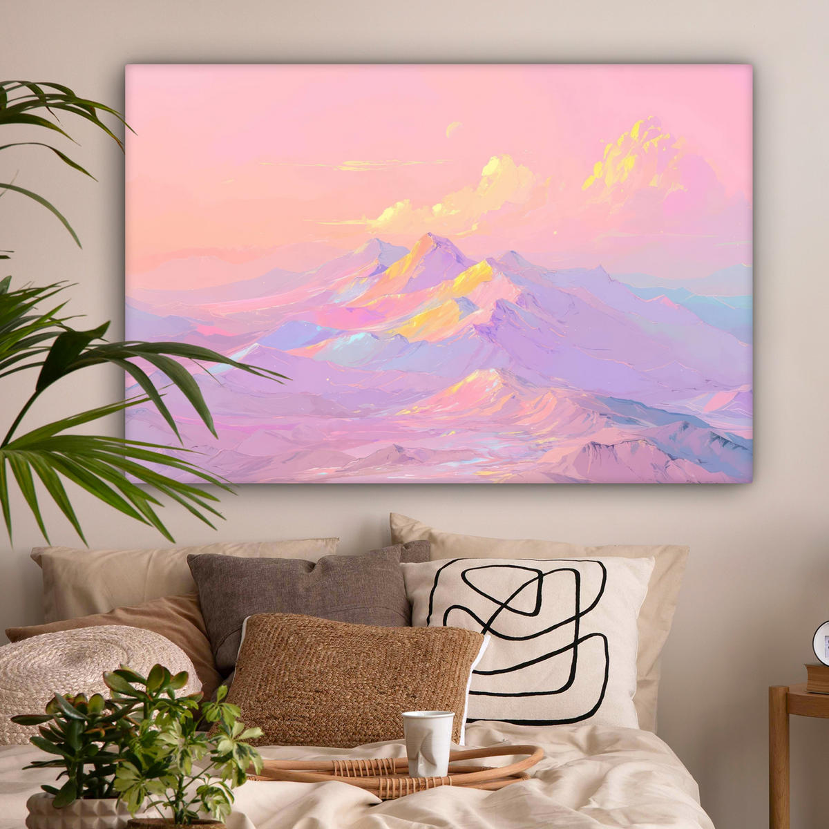 LEINWANDBILD Berggipfel - Wolken - Verträumt XXL 150x100 cm - Hellrosa, Textil (150/100cm) - MuchoWow