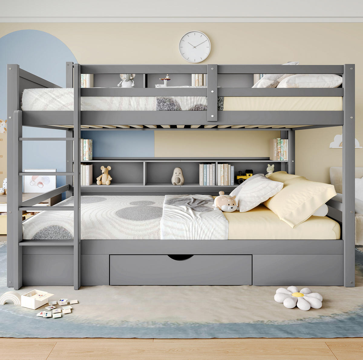 ETAGENBETT mit Schublade und Ablagefächern 90x200 cm Kiefernholz Grau - Grau, Holzwerkstoff (90/200cm) - Beauniv