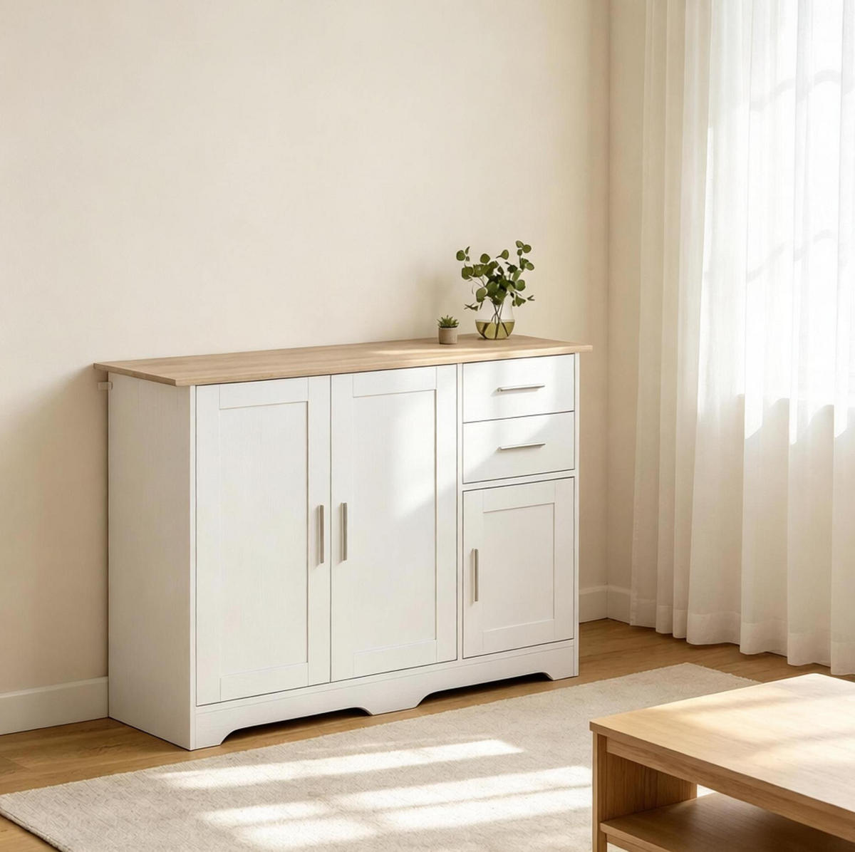 WOHNZIMMERSCHRANK in Weiß und Naturholz-Optik 100x40x78 cm mit 2 Türen und 2 Schubladen - Weiß, Holzwerkstoff (40/78/100cm) - IVMEU