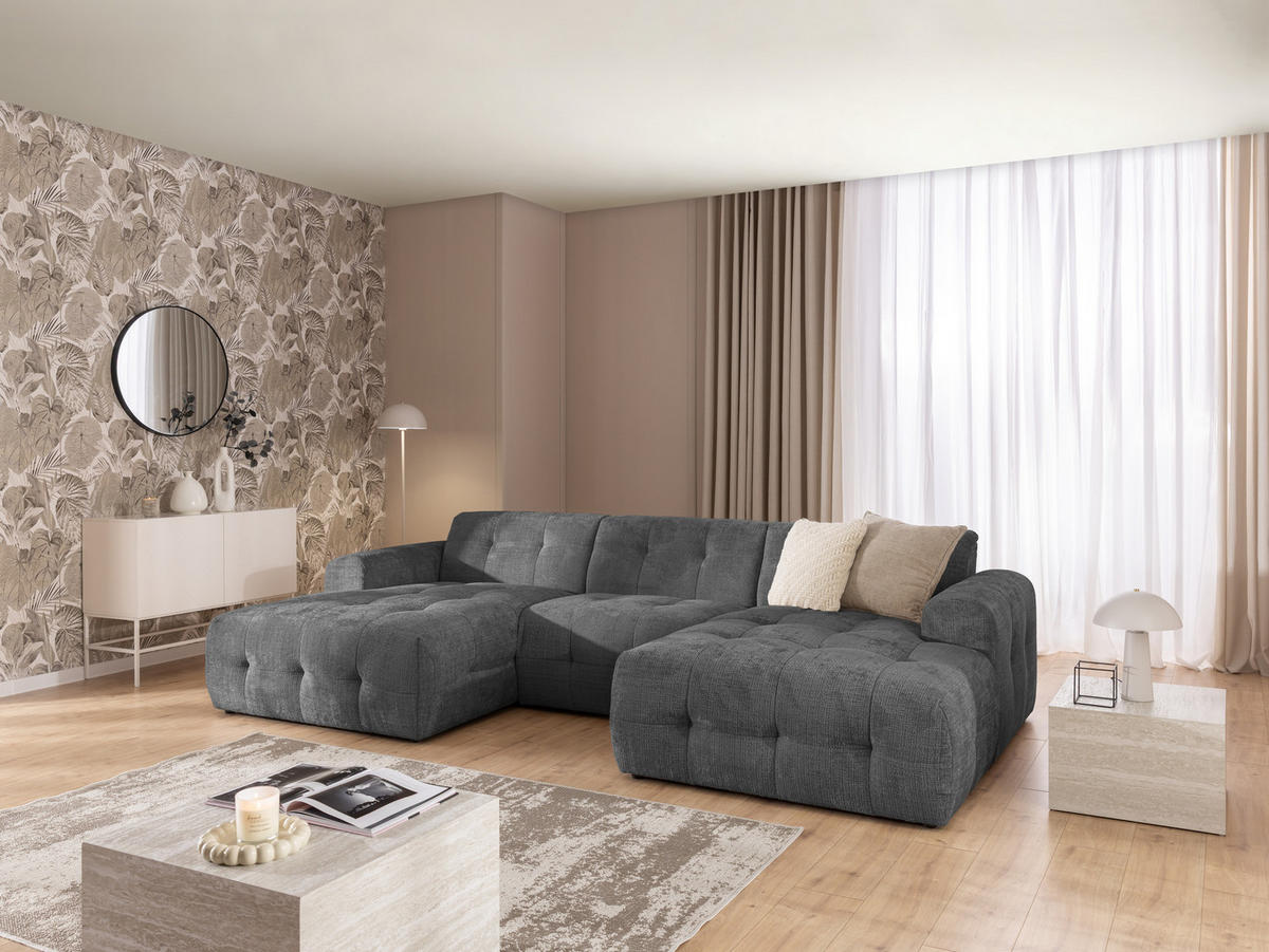 WOHNLANDSCHAFT Kozy im Bumpy-Design mit fester Rückenlehne aus weichem Grau Chenille-Stoff - Schwarz/Grau, Holz/Kunststoff (323/79/161cm) - S-Style Möbel