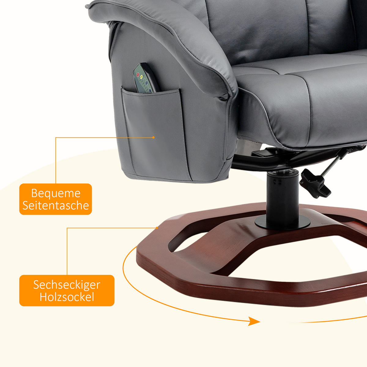 MASSAGESESSEL mit Hocker, Liegefunktion, Fernbedienung, bis 150 kg, Dunkelgrau - Dunkelgrau, Leder (83/106/73cm) - HOMCOM