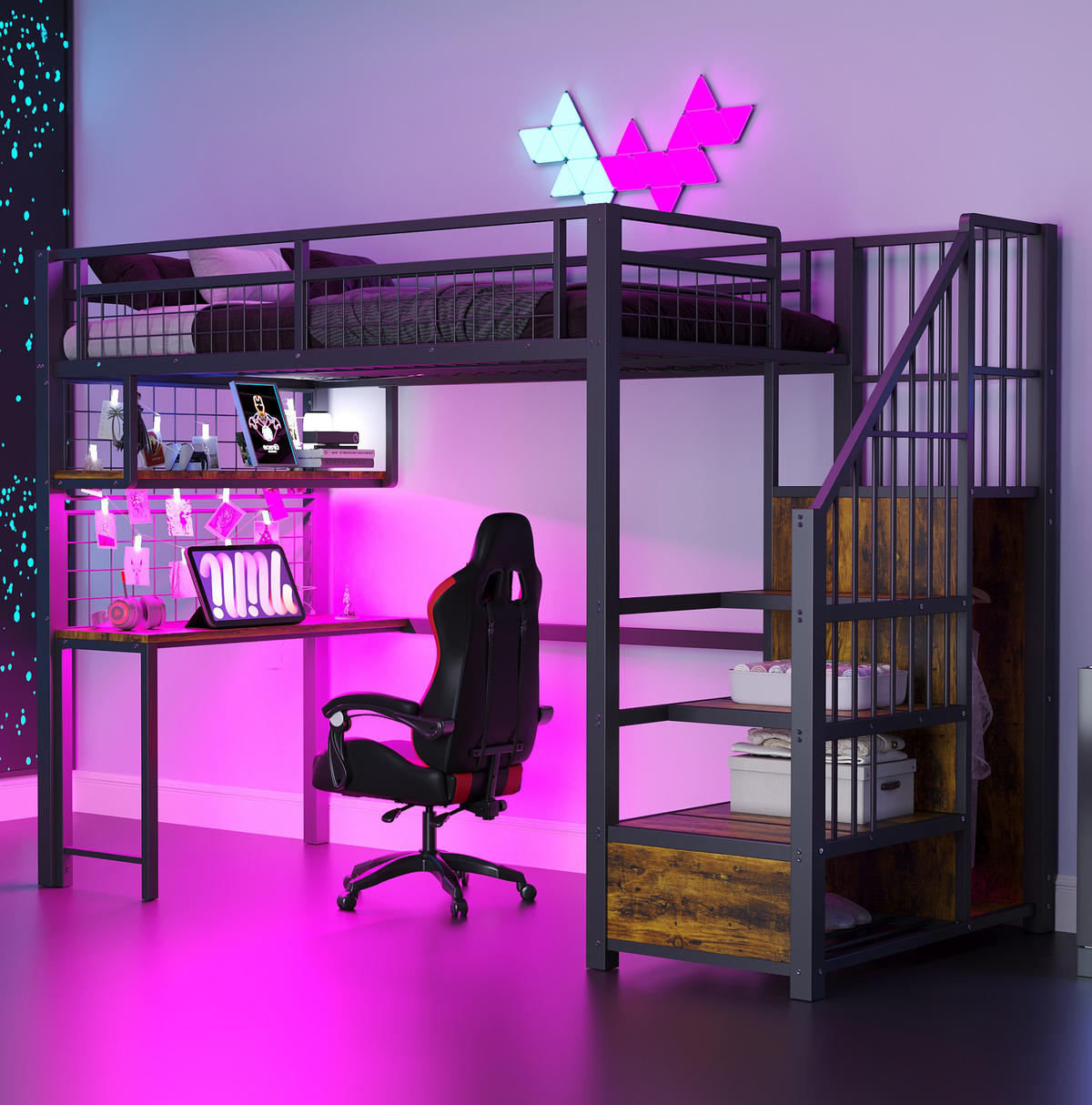 HOCHBETT 90/200 cm aus Metall und MDF mit Schreibtisch, LED-Lichtleiste und Stauraumtreppe Schwarz - Schwarz, Metall (90/200cm) - Modenvie