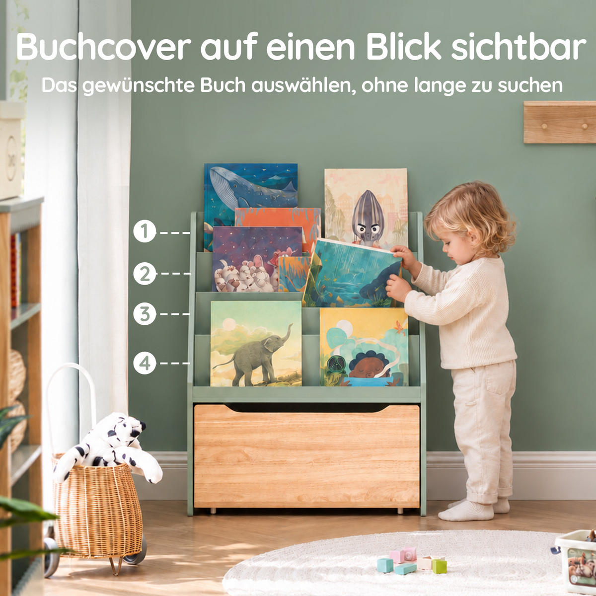 BILDERBUCHREGAL für Kinder, Grün, 4 offene Fächer und große Schublade, auf 4 Rollen, 80 cm hoch, für Kinderzimmer, Leseecke und Kindergarten - Naturfarben/Grün, Holz/Holzwerkstoff (62/80/30cm) - SoBuy