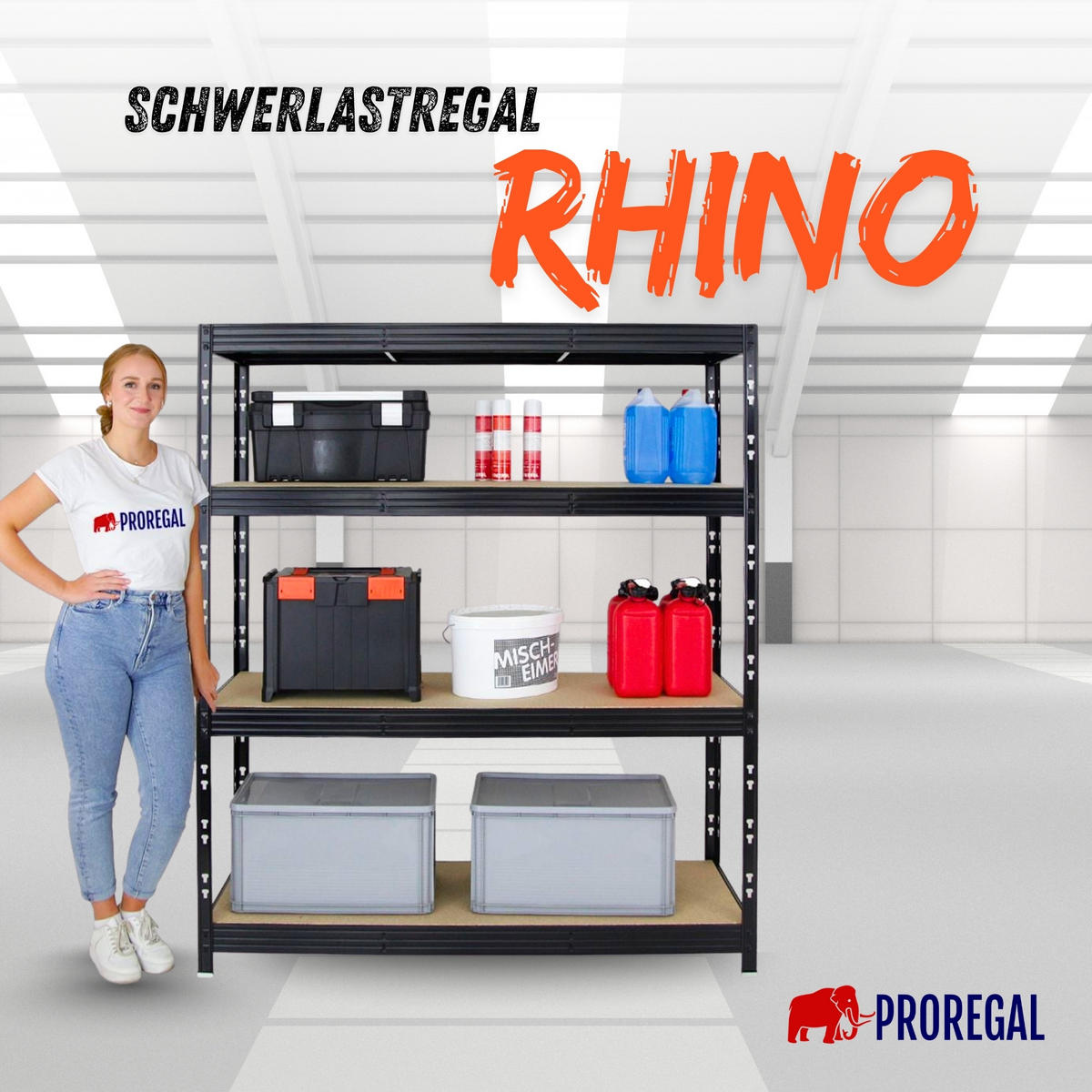 SCHWERLASTREGAL Rhino 180x160x60 cm 4 Spanplatten-Ebenen 16mm Fachlast 500 kg Schwarz - Schwarz, Metall (160/180/60cm) - PROREGAL
