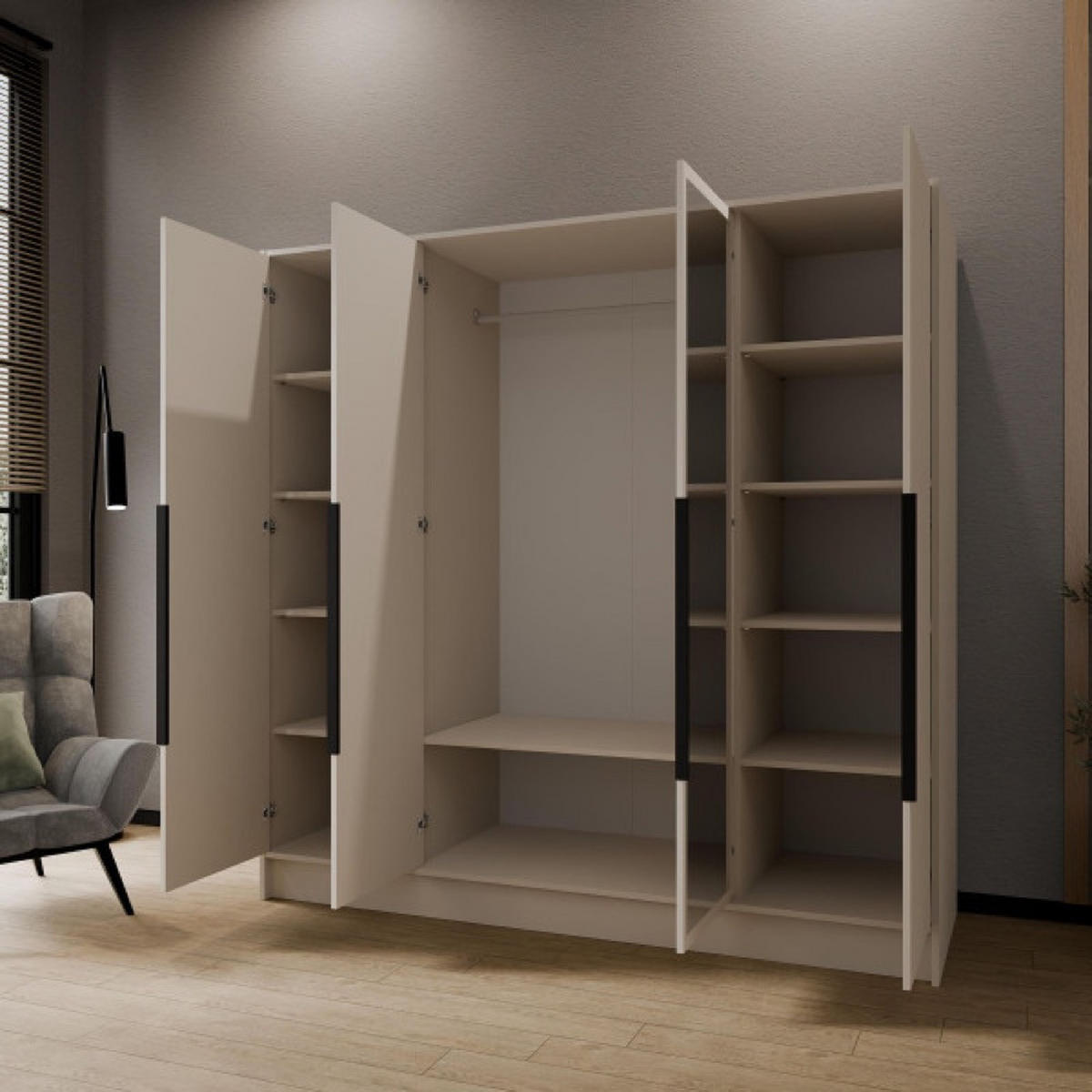 SCHRANK Kaschmir LUSO Mit Spiegel Und Schwarzen Griffen 200 g - Kaschmir/Beige, Holzwerkstoff (200/200/51cm) - Sepro Meble