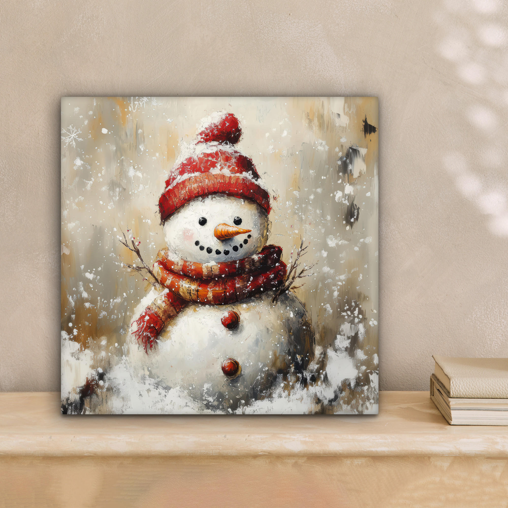 LEINWANDBILD Schneemann - Winter - Schnee - Beige 20x20 cm - Weiß, Textil (20/20cm) - MuchoWow