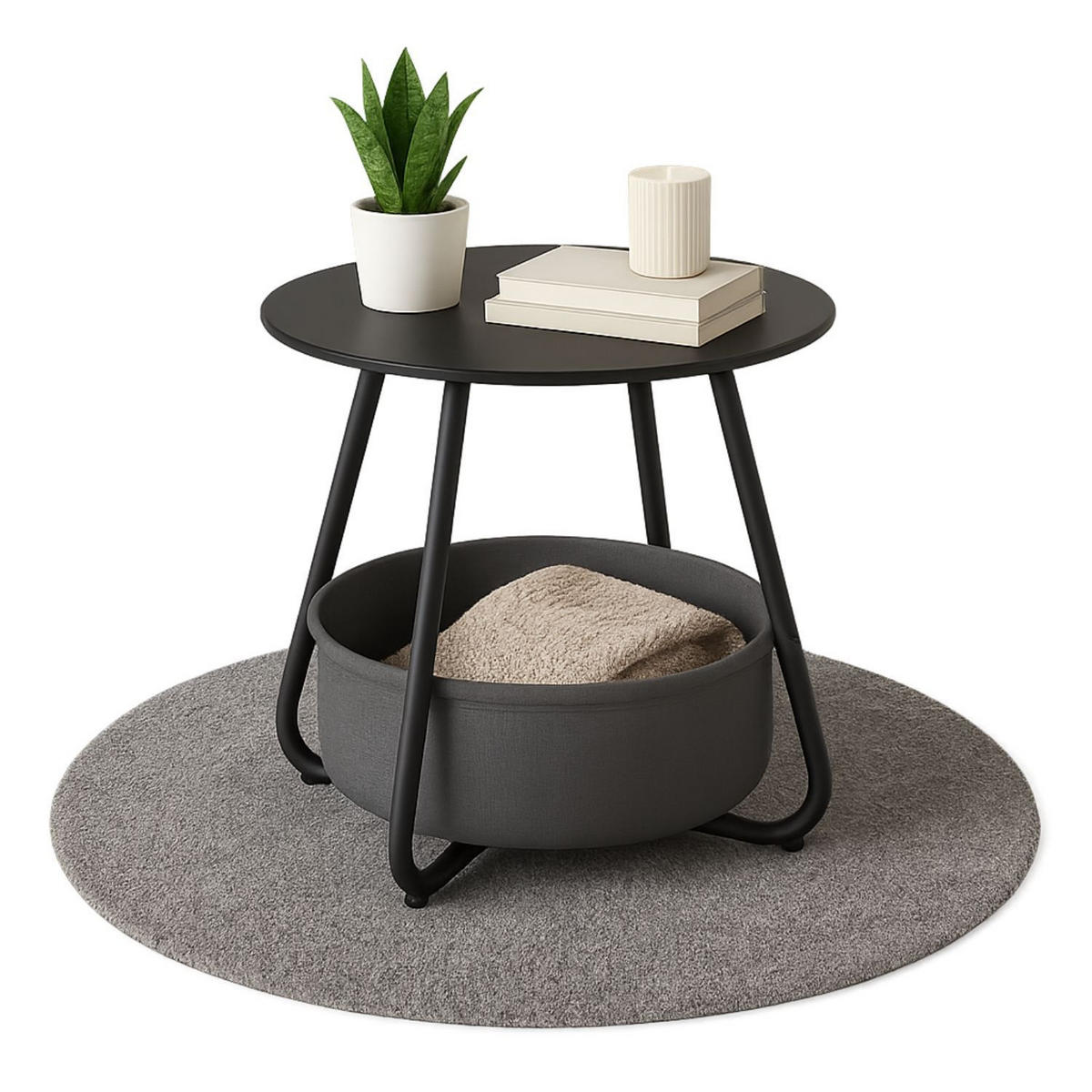 COUCHTISCH KOSI Metall mit Aufbewahrungskorb Canvas Schwarz - Schwarz, Metall (50/50/45cm) - Coemo