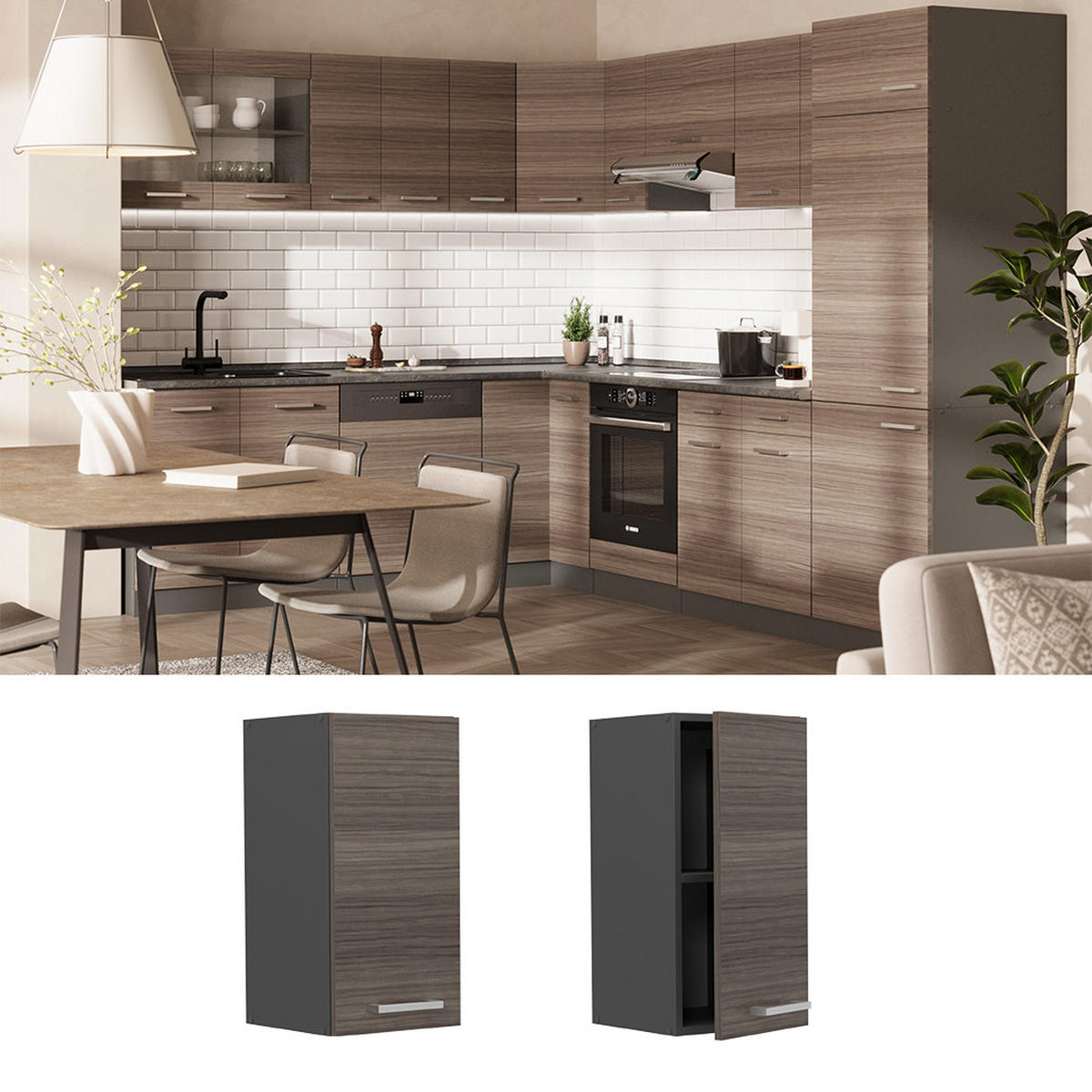 HÄNGESCHRANK R-Line Edelgrau 30 cm - Anthrazit/Braun, Holzwerkstoff (30/60/31cm) - Vicco