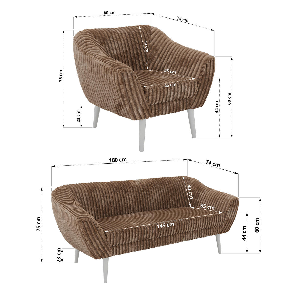 SEDACÍ SOUPRAVA 3+1+1 PIRS - Hnědá Manšestr - Bílé nohy - bílá/hnědá, kompozitní dřevo/textil (180/75/74cm) - MKS