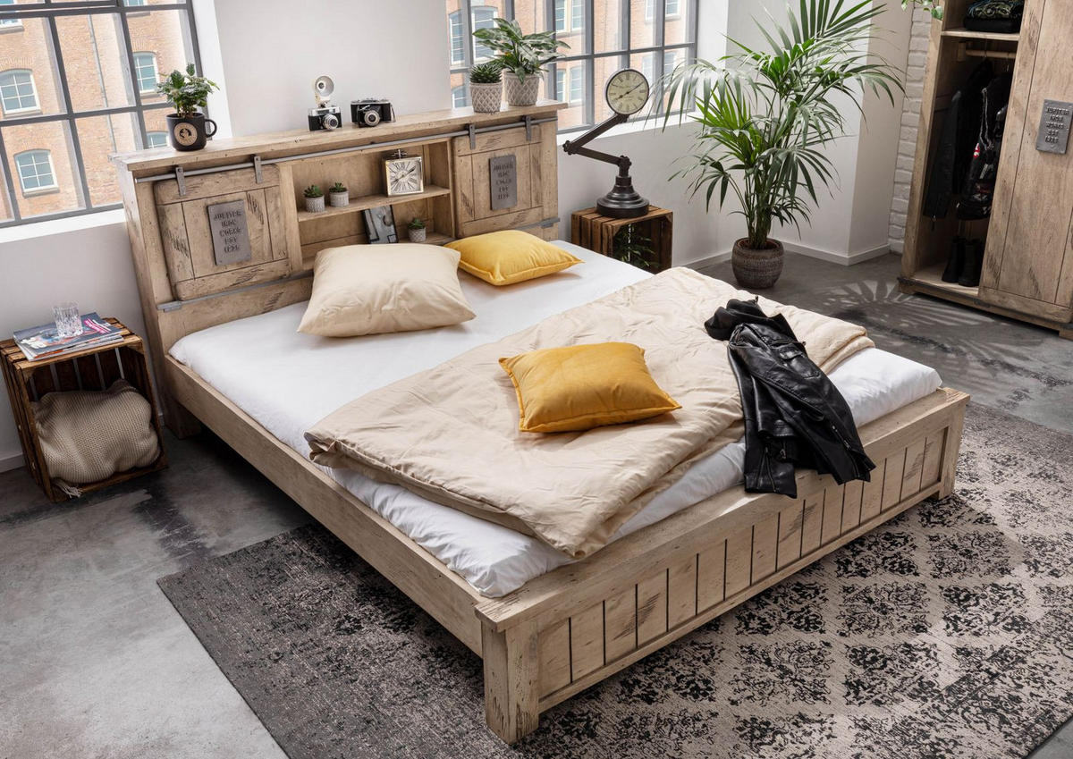 BETT Massivholz Mango 160 x 200 x 105 beige RAILWAY #373 - Beige, Holz (160/200cm) - Massivmoebel24