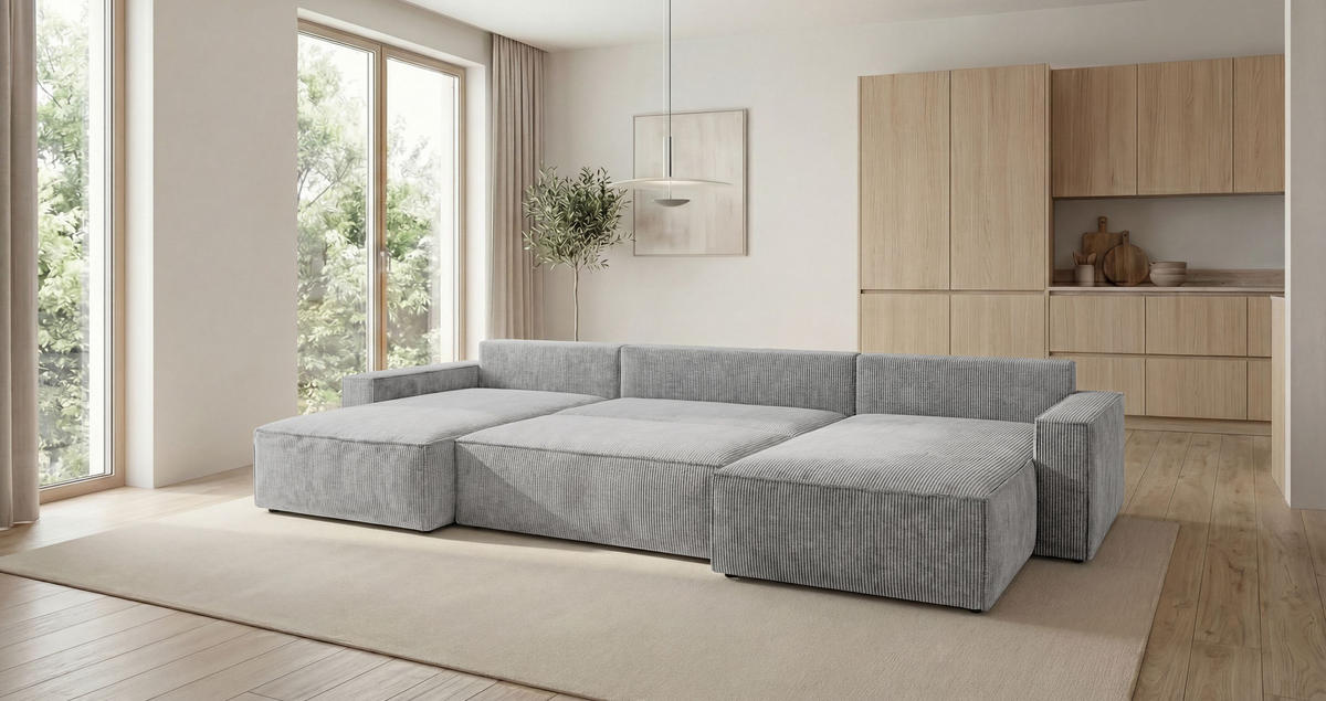 SEDACÍ souprava VIENNA tvar U šedá manšestr Poso 55 - funkce spaní, úložný prostor - šedá, textil (385/86/185cm) - Cornero