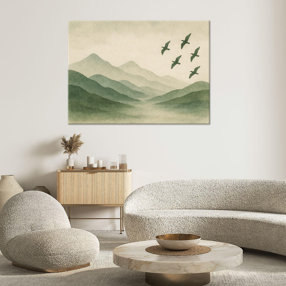 LEINWANDBILD Berge Natur Aquarell Grün Vögel 90x60cm - Grün, Textil (90/60cm) - Feeby