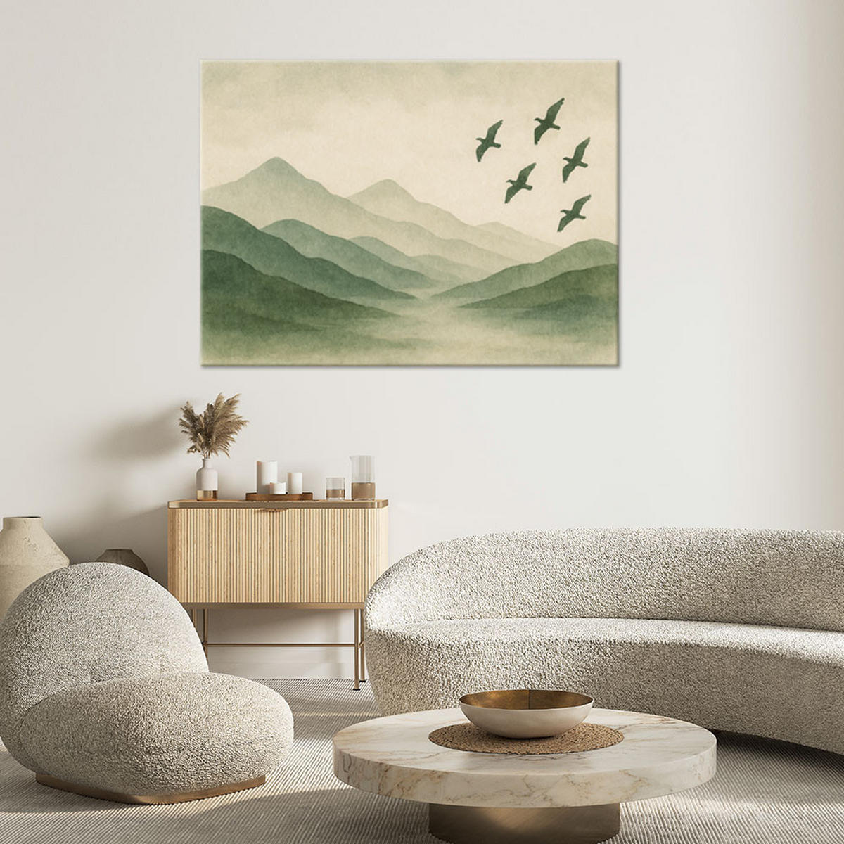 LEINWANDBILD Berge Natur Aquarell Grün Vögel 90x60cm - Grün, Textil (90/60cm) - Feeby