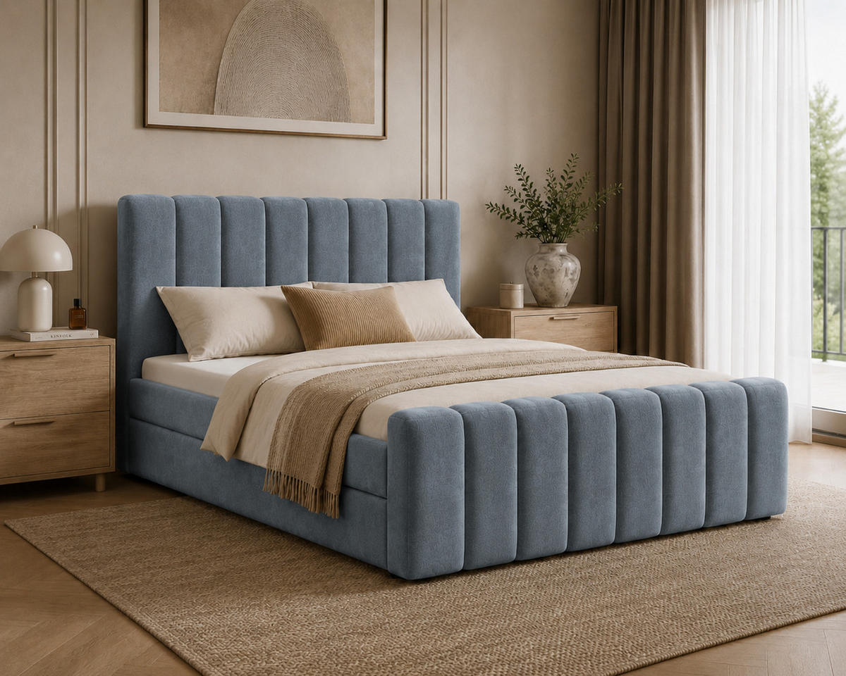 BOXBETT 01 BIS 160 x 200 cm - Vibe - Modernes Polsterbett mit Bettkasten inkl. PU-Schaum-Topper und Federmechanismus - Blau, Holz (160/200cm) - ROYAL24_MARKT