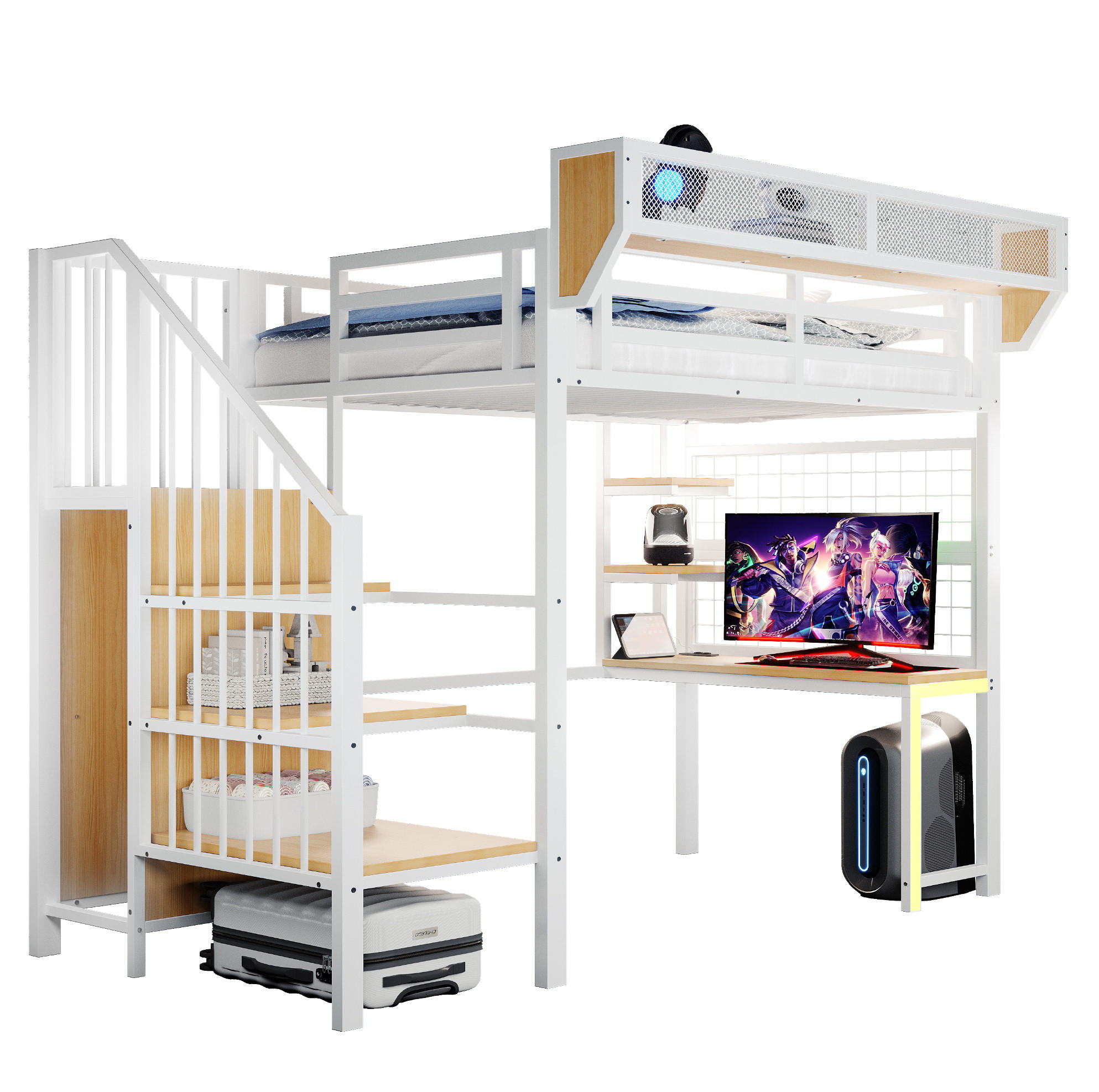 HOCHBETT 90/200 cm mit Schreibtisch, Regalen, LED-Beleuchtung und Steckdose, Metall & MDF, Weiß - Weiß, Holzwerkstoff (90/200cm) - Redom