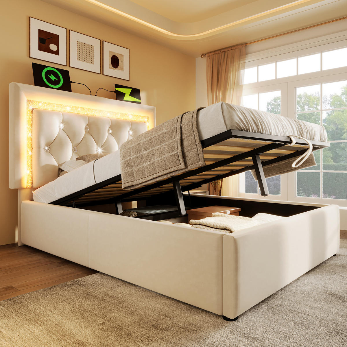 POLSTERBETT 90/200 cm Beige aus Samt mit Stauraum und LED-Beleuchtung mit Matratze - Beige, Textil (90/200cm) - OKWISH