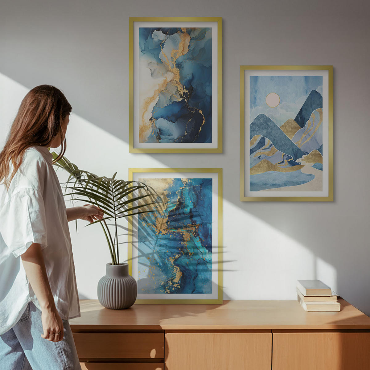 WANDBILDER 3er Set - 40x60 cm Goldrahmen - Abstrakte Muster der Blue Mountains - Goldfarben, Kunststoff (40/60cm) - ArtPrintCave