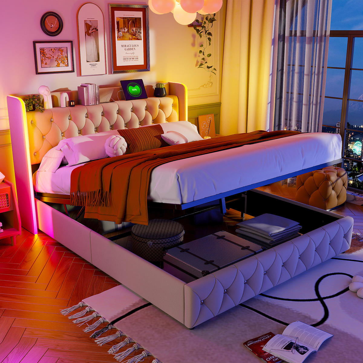 POLSTERBETT 140x200 cm in Beige aus Samt mit LED-Beleuchtung und Stauraum - Beige, Holz/Metall (140/200cm) - PARAFTA HOME