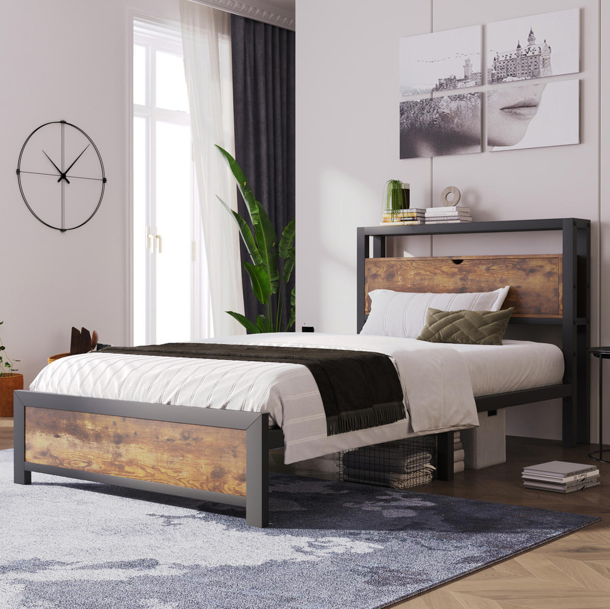 METALLBETT 90/200 cm mit Stauraum-Kopfteil in Natur/Schwarz im Industrial-Stil - Naturfarben, Metall (90/200cm) - Flora Grace