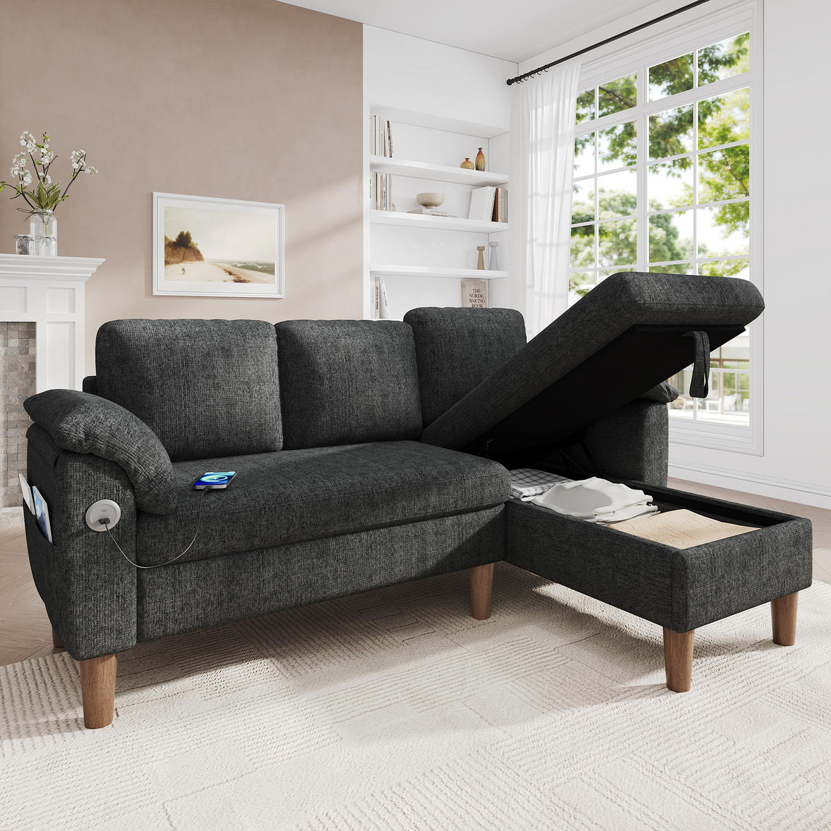 ECKSOFA 181/125/88 cm Dunkelgrau mit Stauraum-Chaiselongue und USB/Type-C-Ladeanschluss - Dunkelgrau, Textil (181/125cm) - Oxeza