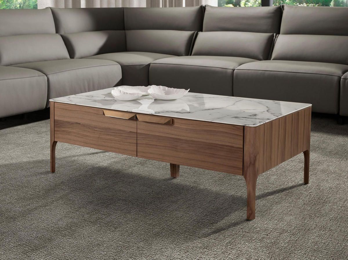 COUCHTISCH Rechteckiger Couchtisch aus Glas mit Marmor- und Nussbaumimitation 120/60/40 cm - Messingfarben/Nussbaumfarben, Glas/Holz (60/120/40cm) - ANGEL CERDA