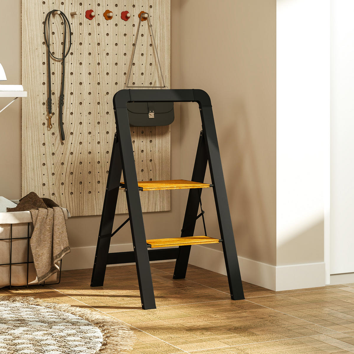 KLAPPTRITT Stehleiter mit 2 Stufen Trittleiter mit Griff, rutschfeste Plattform - Schwarz, Metall (48/44.5/86.3cm) - HOMCOM