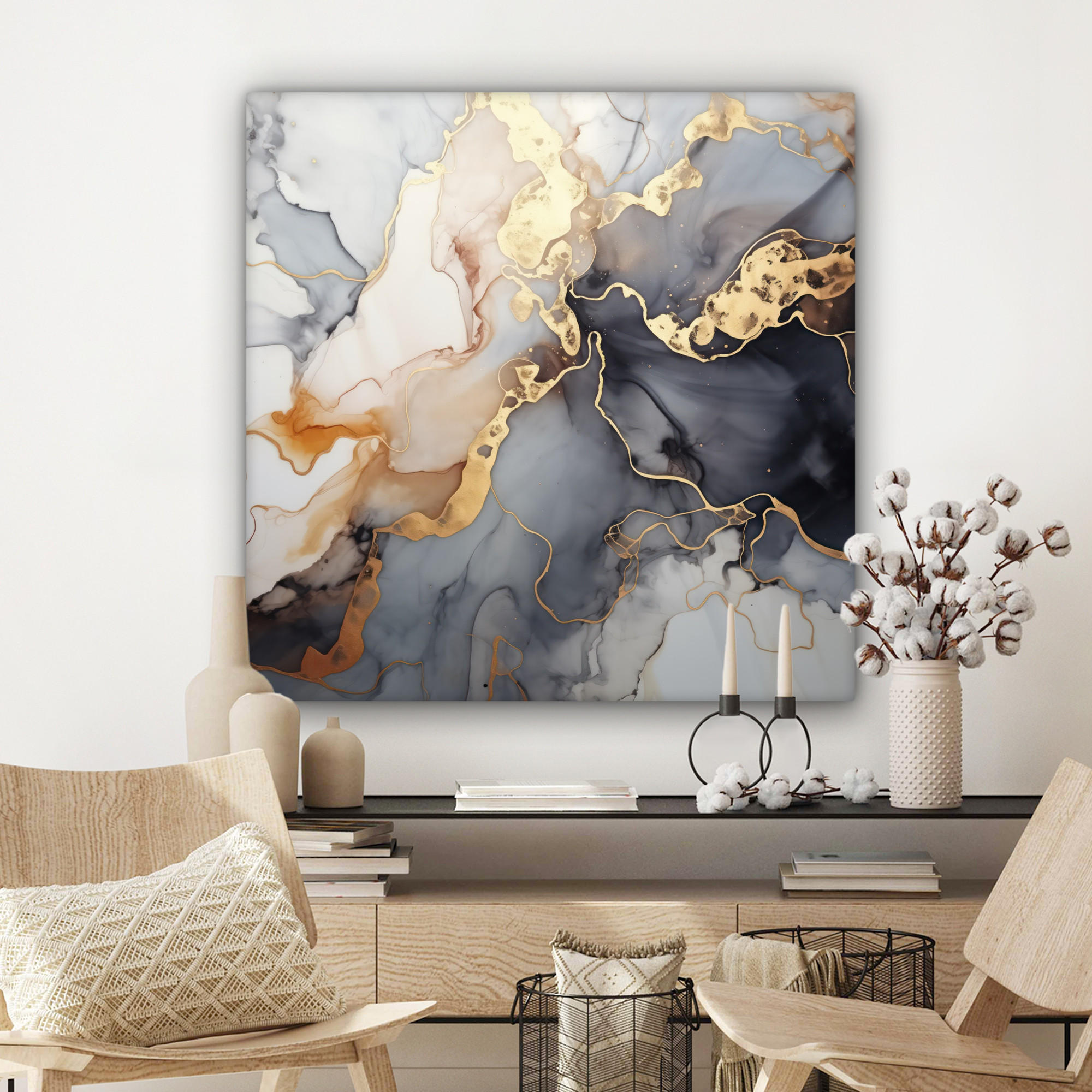 LEINWANDBILD Marmor - Schwarz - Gold - Weiß 90x90 cm - Dunkelgrau, Textil (90/90cm) - MuchoWow