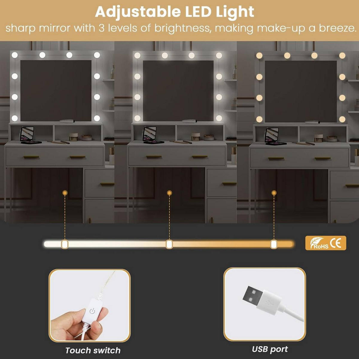 SCHMINKTISCH mit LED, Spiegel, 3 einstellbare Helligkeiten, Weiß - Goldfarben/Weiß, Holzwerkstoff (90/143/39.5cm) - Woltu