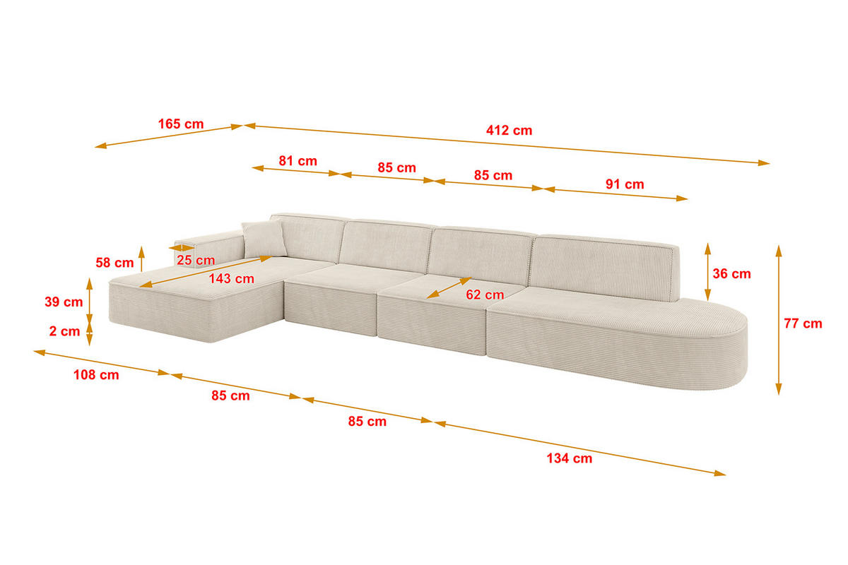 ECKSOFA Ottomane Links IREA-L3-v4 - 412x165x77 cm Beige - Champagner/Beige, Holzwerkstoff/Textil (412/165cm) - ALTDECOR