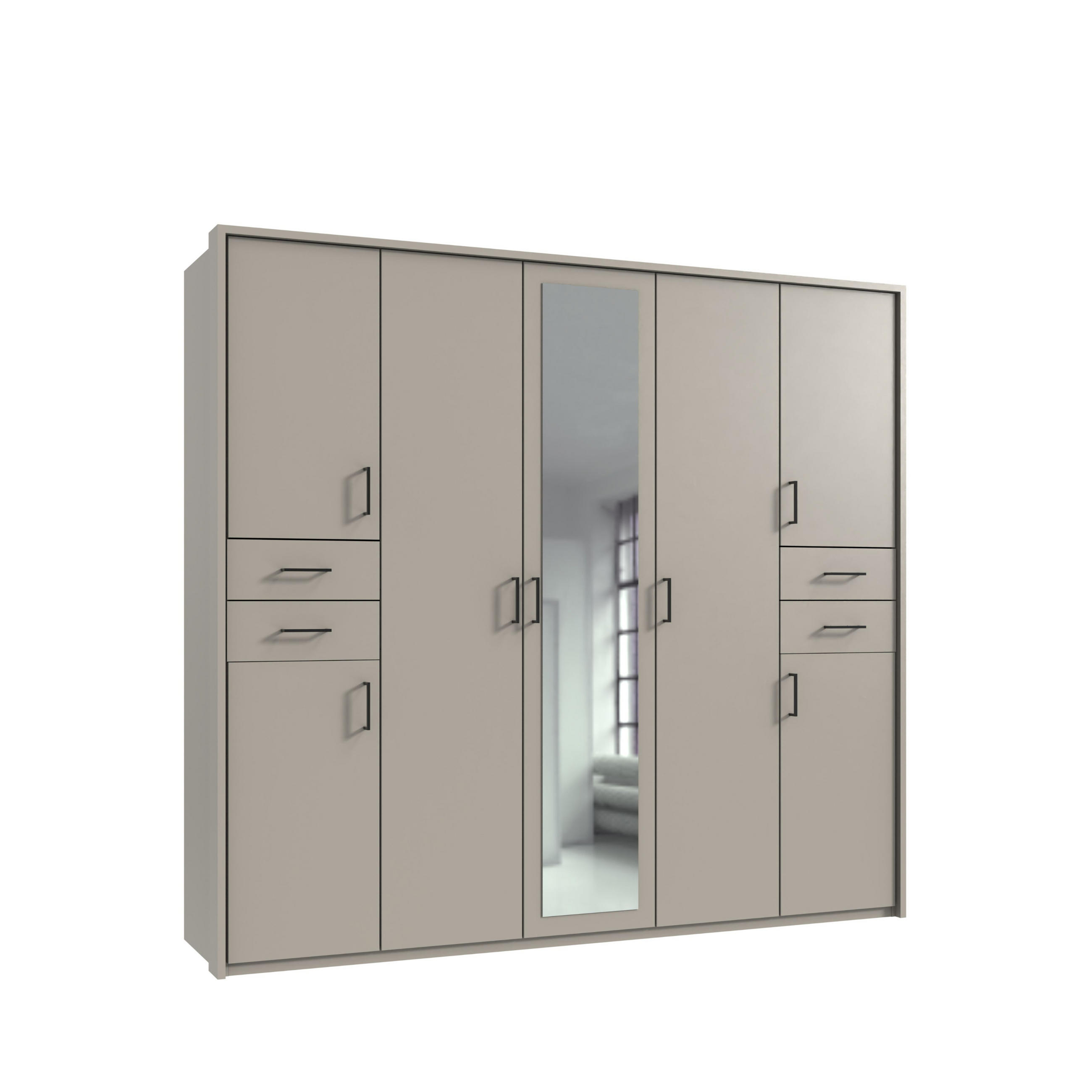 luma-home SKŘÍŇ S OTOČNÝMI DVEŘMI Š228/V210/H58 cm, v béžovo-šedé barvě, s paspartou, 1 zrcadlovými dveřmi a zásuvkami, černé úchytky / 22574
