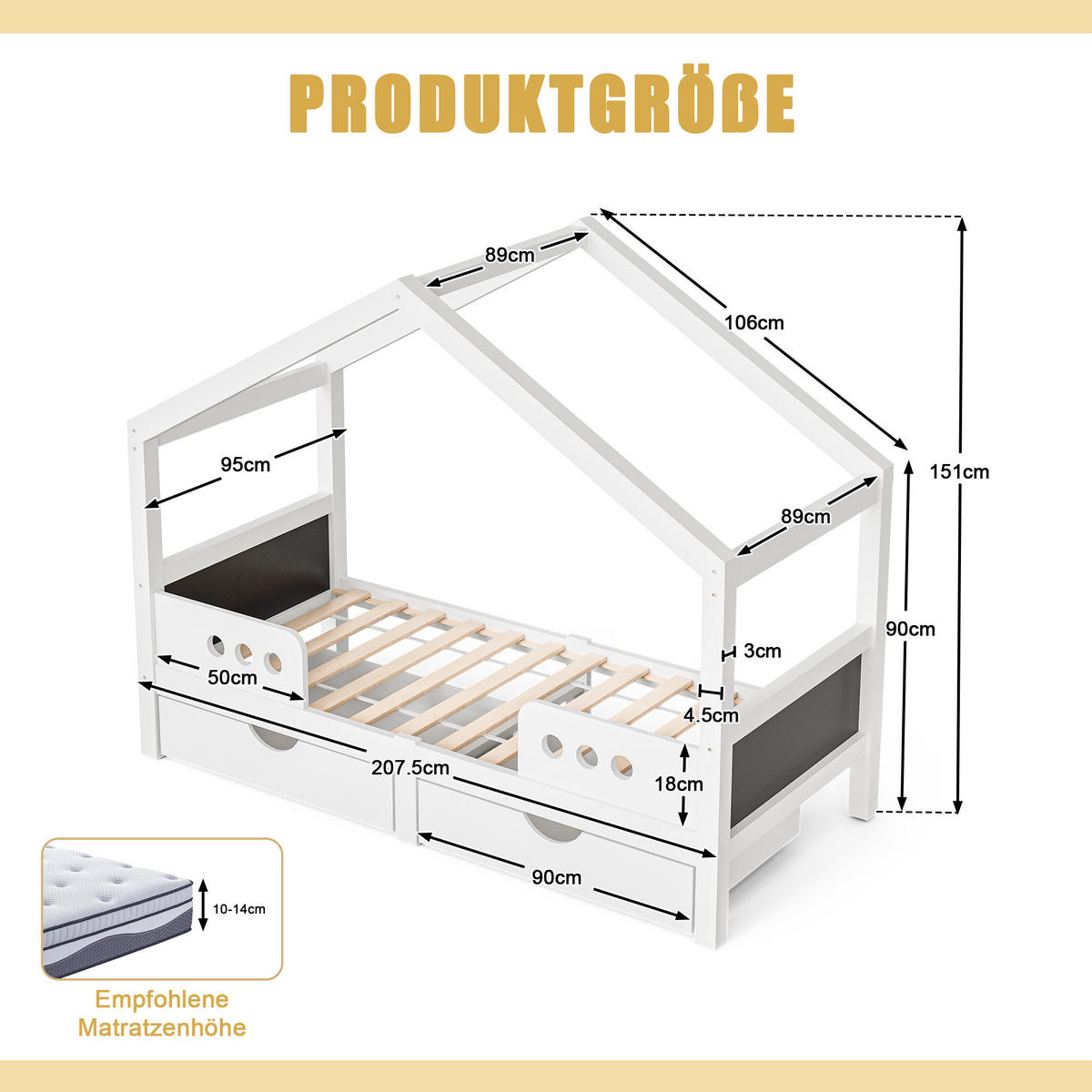 HAUSBETT mit Dachdesign 90/200 cm weiß mit 2 großen Schubladen - Weiß, Holz (90/200cm) - OKWISH